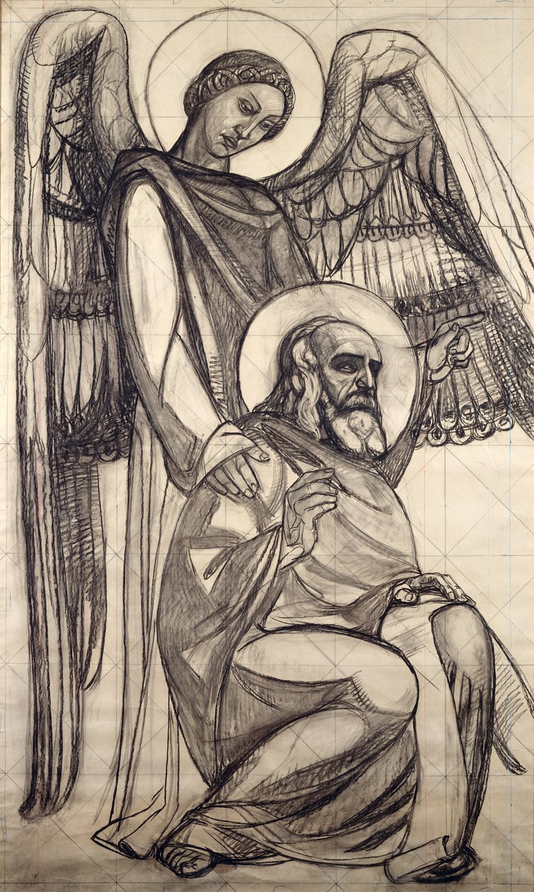Jan i Anioł, 1925 (węgiel drzewny i ołówek na papierze) autorstwa Valentine Reyre
