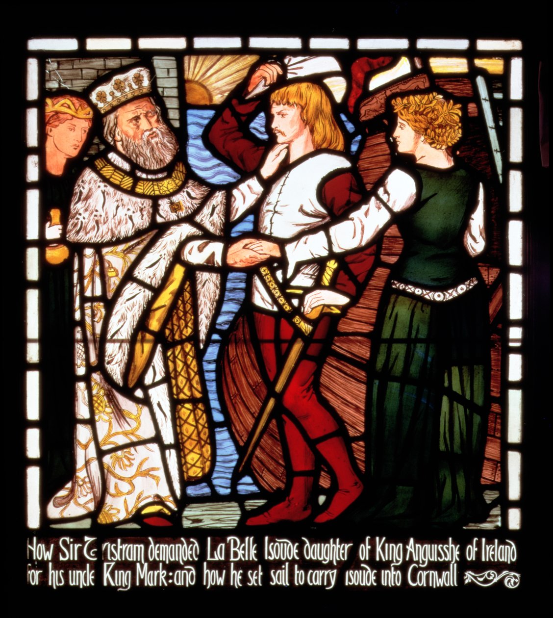 Sir Tristan opuszcza Irlandię z Isolde the Fair, z „Historii Tristana i Izoldy”, William Morris und Co. (witraż) autorstwa Valentine Cameron Prinsep