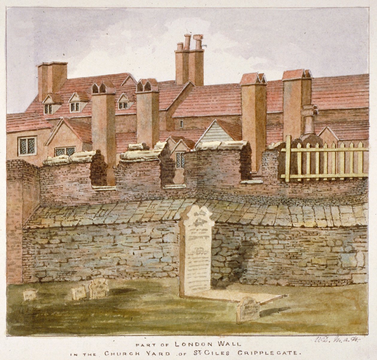 Pozostałości londyńskiego muru na cmentarzu św Idziego bez Cripplegate, City of London, 1825 autorstwa Valentine Davis