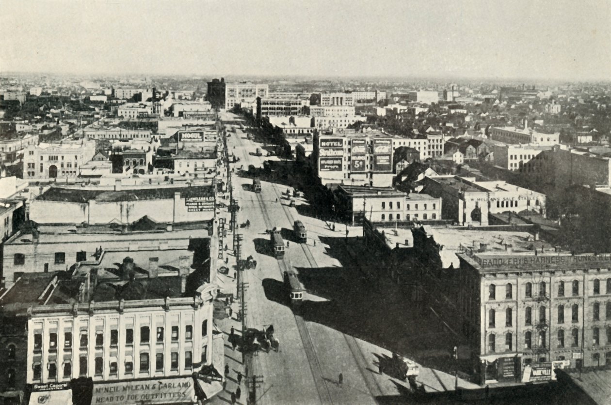 Winnipeg Dzisiaj, patrząc na główną ulicę. - Szybki wzrost współczesnej Kanady, ok. 1930. autorstwa Valentine and Sons Ltd