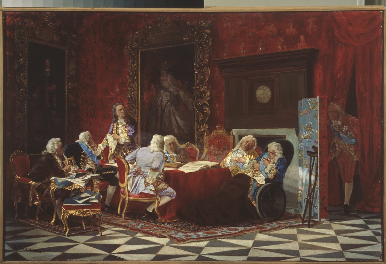 Artemy Volynsky na posiedzeniu rosyjskiego gabinetu, 1875 autorstwa Valeri Ivanovich Jacobi