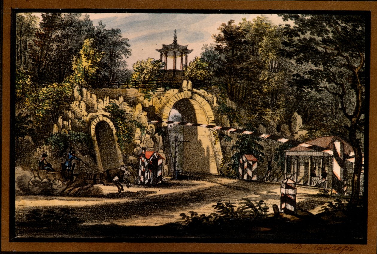 „Pawilon Wielkiego Kaprysu w Parku Katarzyny w Carskim Siole” Waleriana Platonowicza Langera (1799-1870), litografia, akwarela, ok. 1820 r., Państwowy Skansen Carskie Sioło, St. Petersburg Â autorstwa Valerian Platonovich Langer