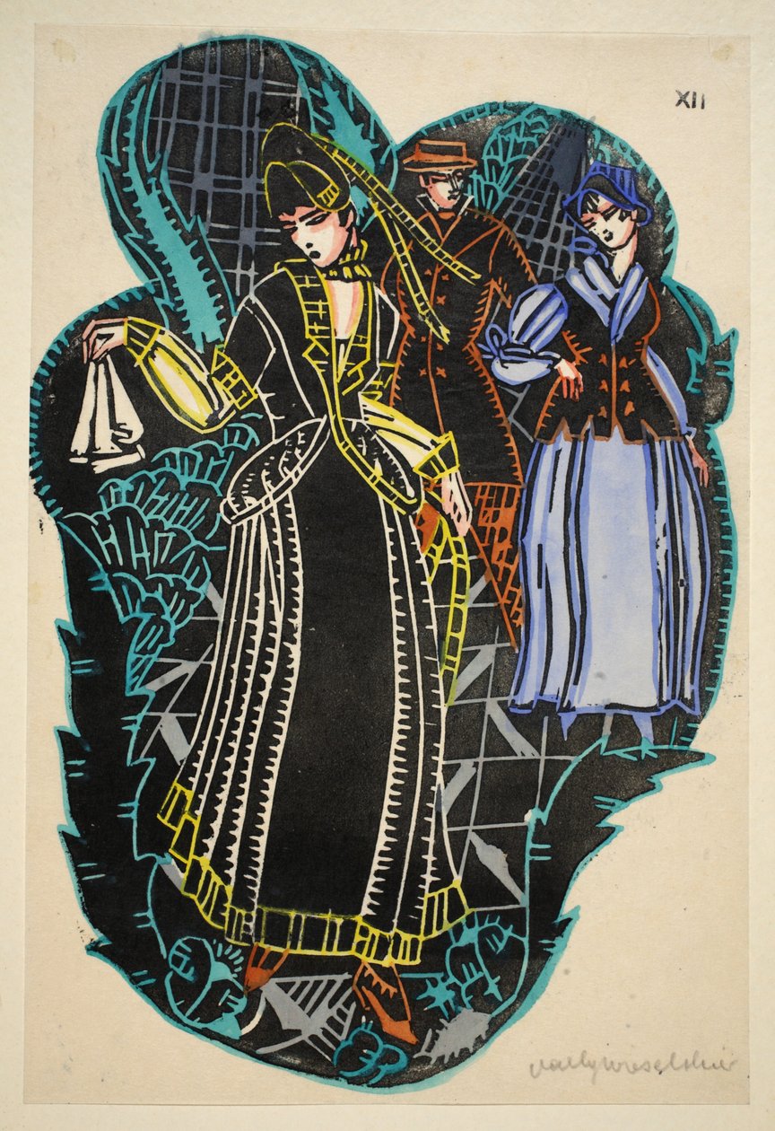 Seaside Fashion, płyta 12, księga 12, ilustracja z „Wiener Werkstatte Mode 191415”, wyd. Eduard Kosmack, Wiedeń, 1914-1915 (ręcznie barwiony linoryt) autorstwa Vally Wieselthier