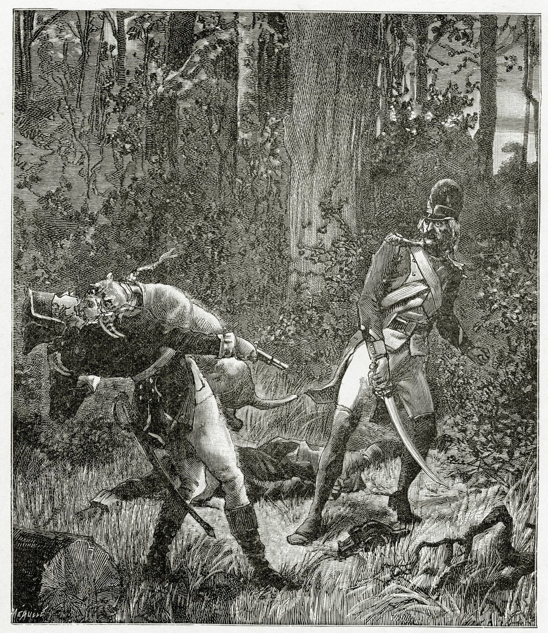 Rask the dog zabijający angielskiego żołnierza - ilustracja z Bug-Jargal, XIX-wieczna grawerunek bw autorstwa Valnay Pere et fils