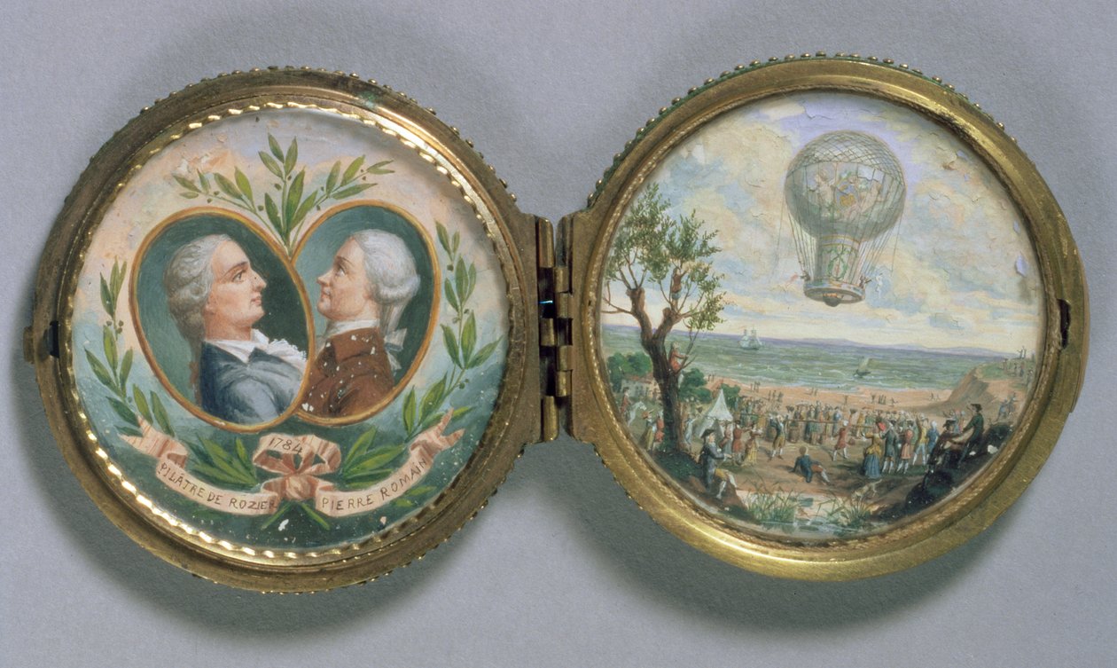 Miniatura portretowa J.F. Pilatre i Pierre Romain ze sceną ich lotu balonem, 1784 (gwasz na welinie) autorstwa Van Blarenberghe