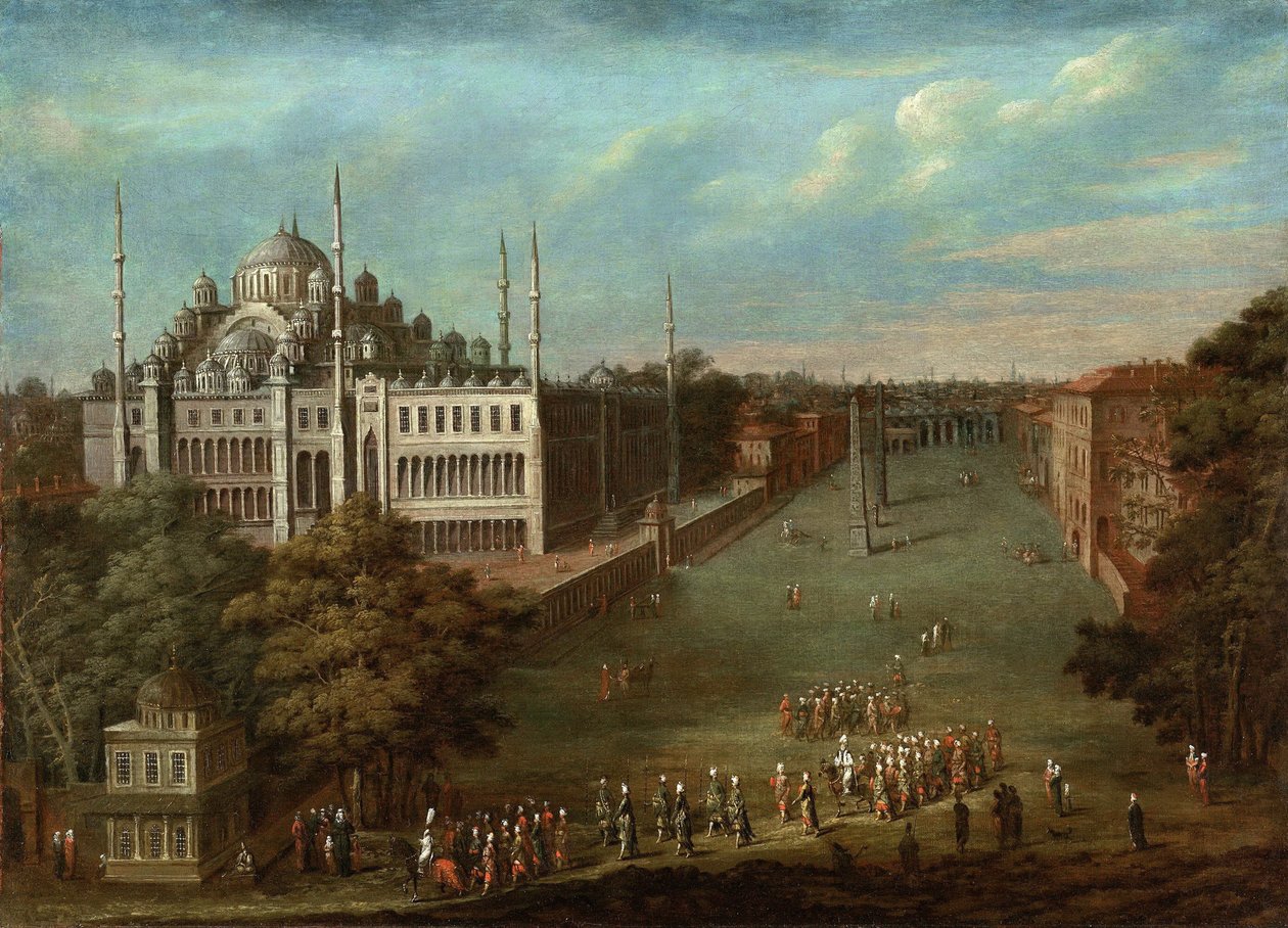 Procesja Wielkiego Wezyra na Placu Hipodromu z Meczetem Sułtana Ahmeda, 1737 autorstwa Vanmour