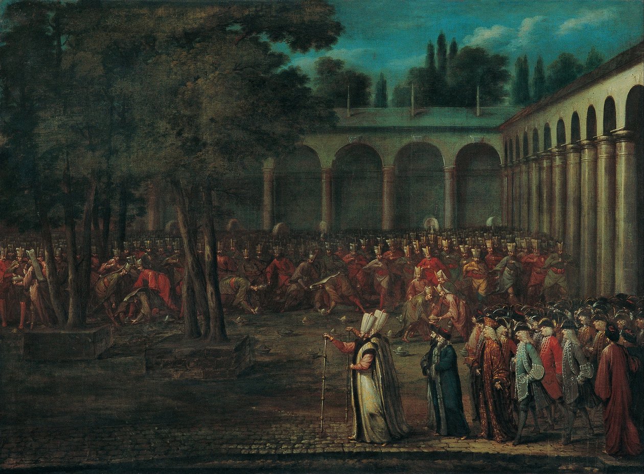 Delegacja ambasadorów przechodząca przez drugi dziedziniec pałacu Topkapı, lata 1720 autorstwa Vanmour
