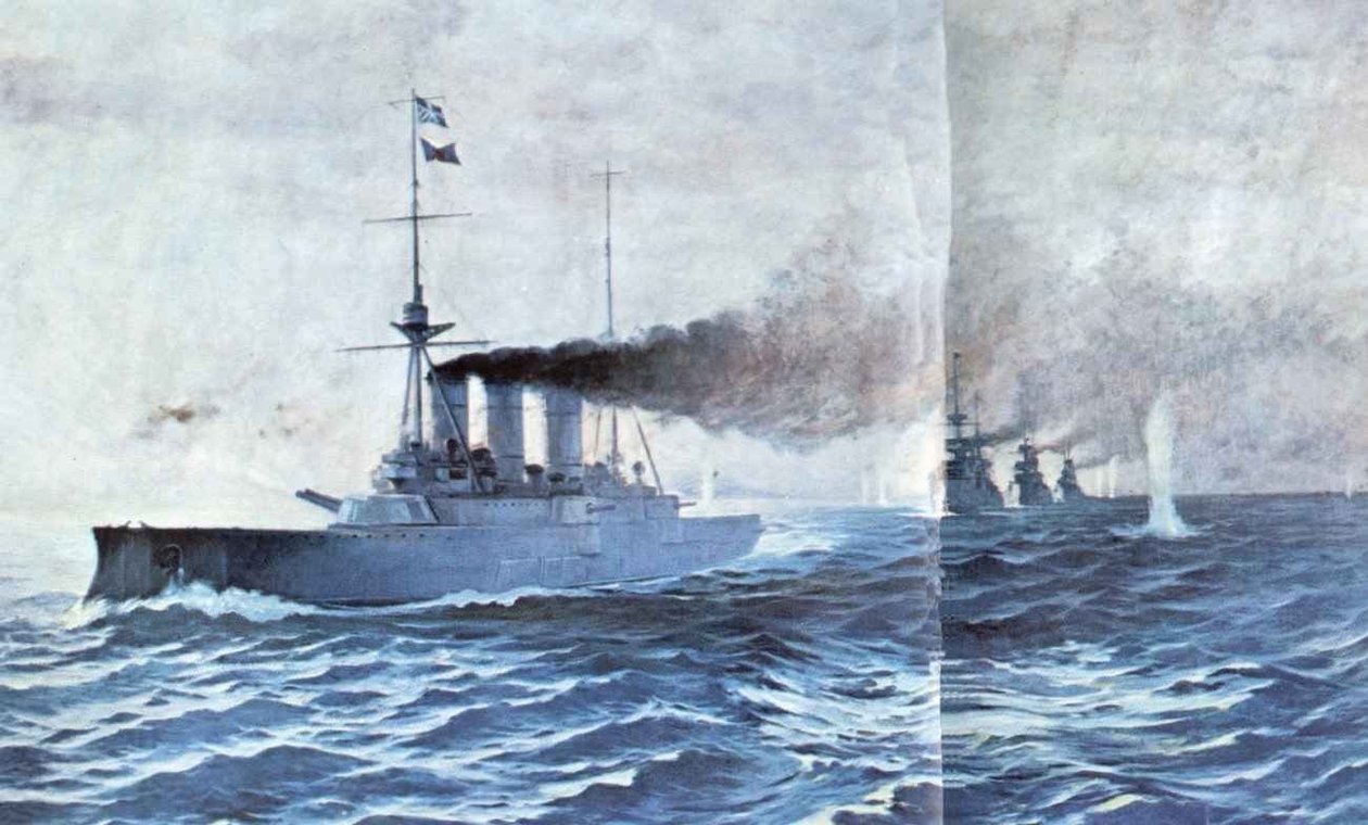 Bitwa morska pod Elli, 13 grudnia 1912 namalowana w 1913 przez Vassileiosa Chatzisa 1865-1915, z Muzeum Marynarki Wojennej Grecji w Pireusie. Przedstawia krążownik Averof z przodu, a za nim trzy stare pancerniki Hydra, Spetsai i Psara, strzelające do autorstwa Vasileios Hatzis