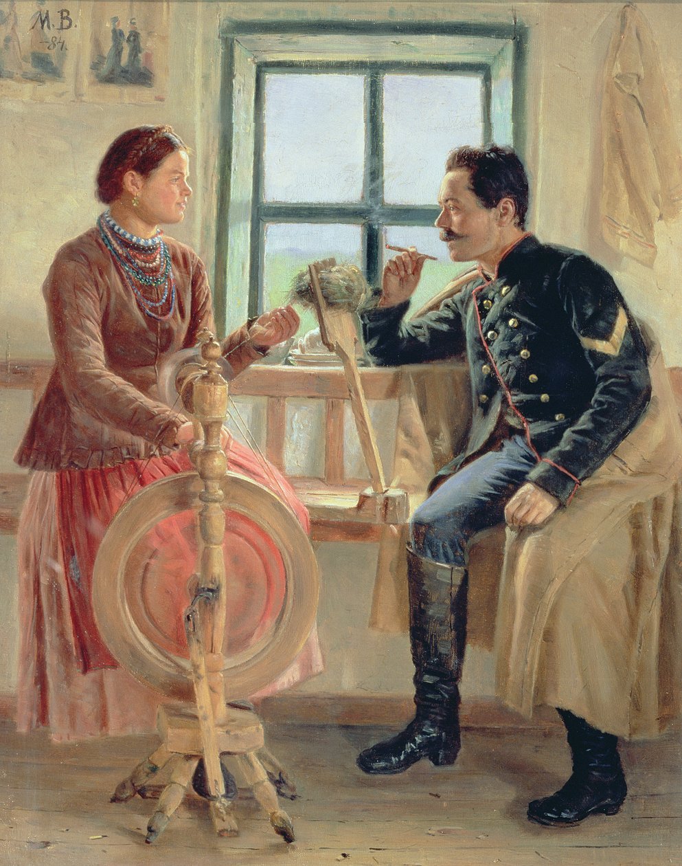 Dyskusja przy kołowrotku, 1884 autorstwa Vasilev Mikhail Nikolaevich