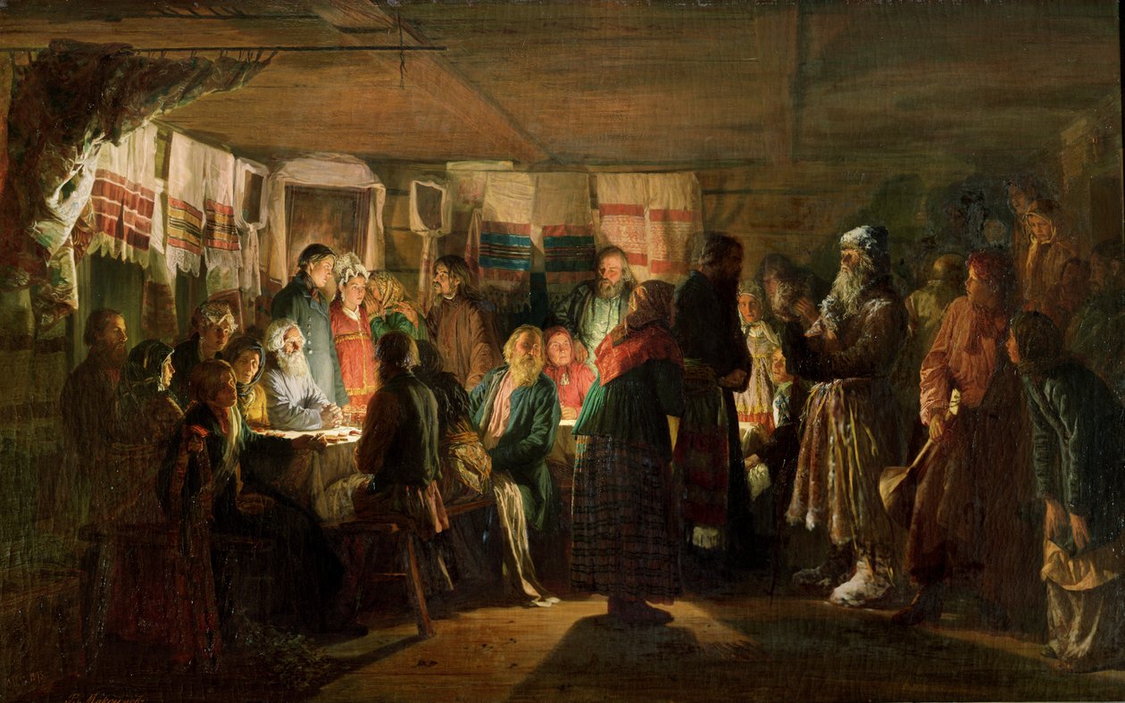 Wizyta czarownika na chłopskim weselu, 1875 autorstwa Vasili Maksimovich Maksimov