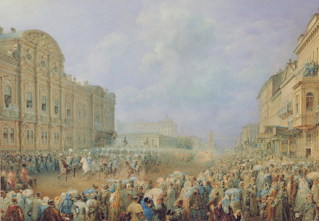 Przegląd wojskowy na Alei Newskiego w Pałacu Beloselsky-Belozersky, 1859 autorstwa Vasili Semenovich Sadovnikov
