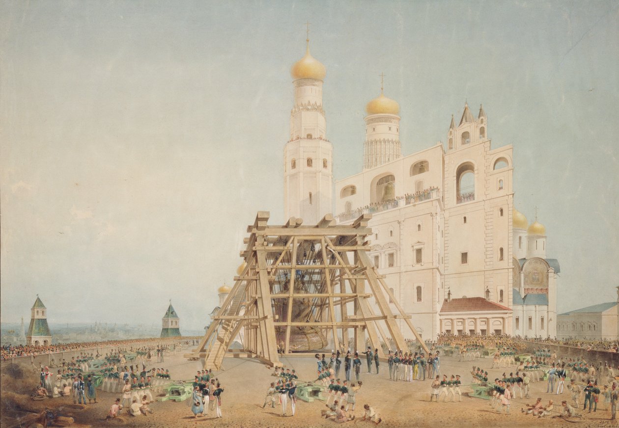 Podniesienie carskiego dzwonu na moskiewskim Kremlu w latach 1836, 1839 autorstwa Vasili Semenovich Sadovnikov