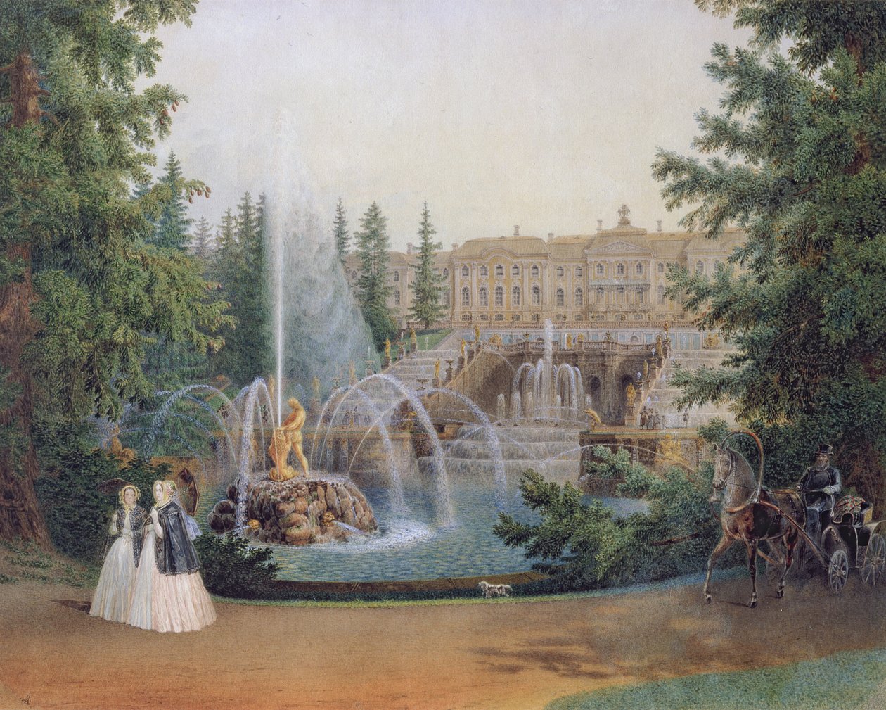 Widok Kaskady Marly z Ogrodu Dolnego Pałacu Peterhof, ok. 1830-60 autorstwa Vasili Semenovich Sadovnikov