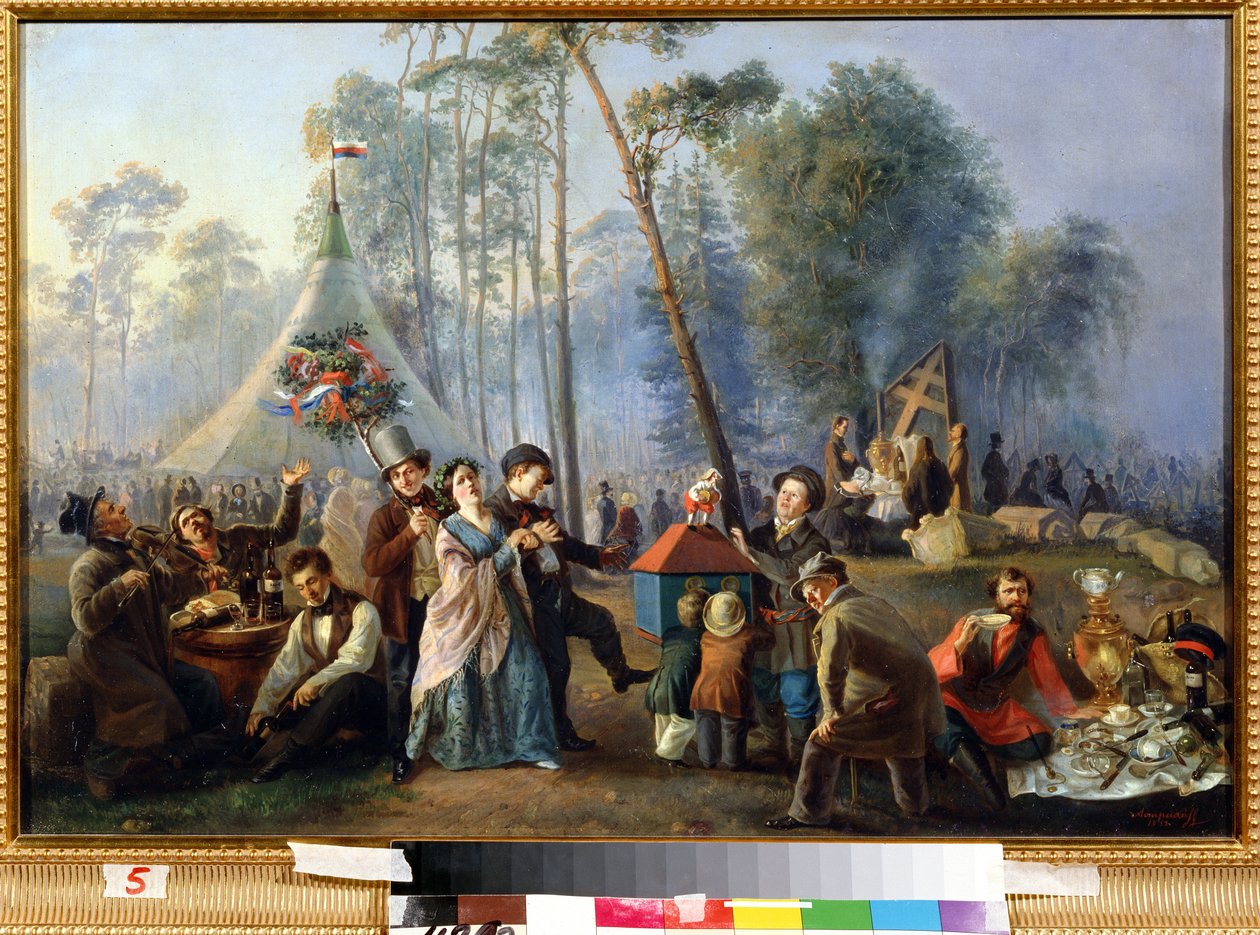 Distraction publique a Maryina Roshcha a Moscou (Publiczne wesele w Maryina Roshcha w Moskwie). Portret Wasilija Jegorowicza Astrachowa (?-apres 1867). Huile sur toile, 49 x 73 cm autorstwa Vasili Egorovich Astrakhov
