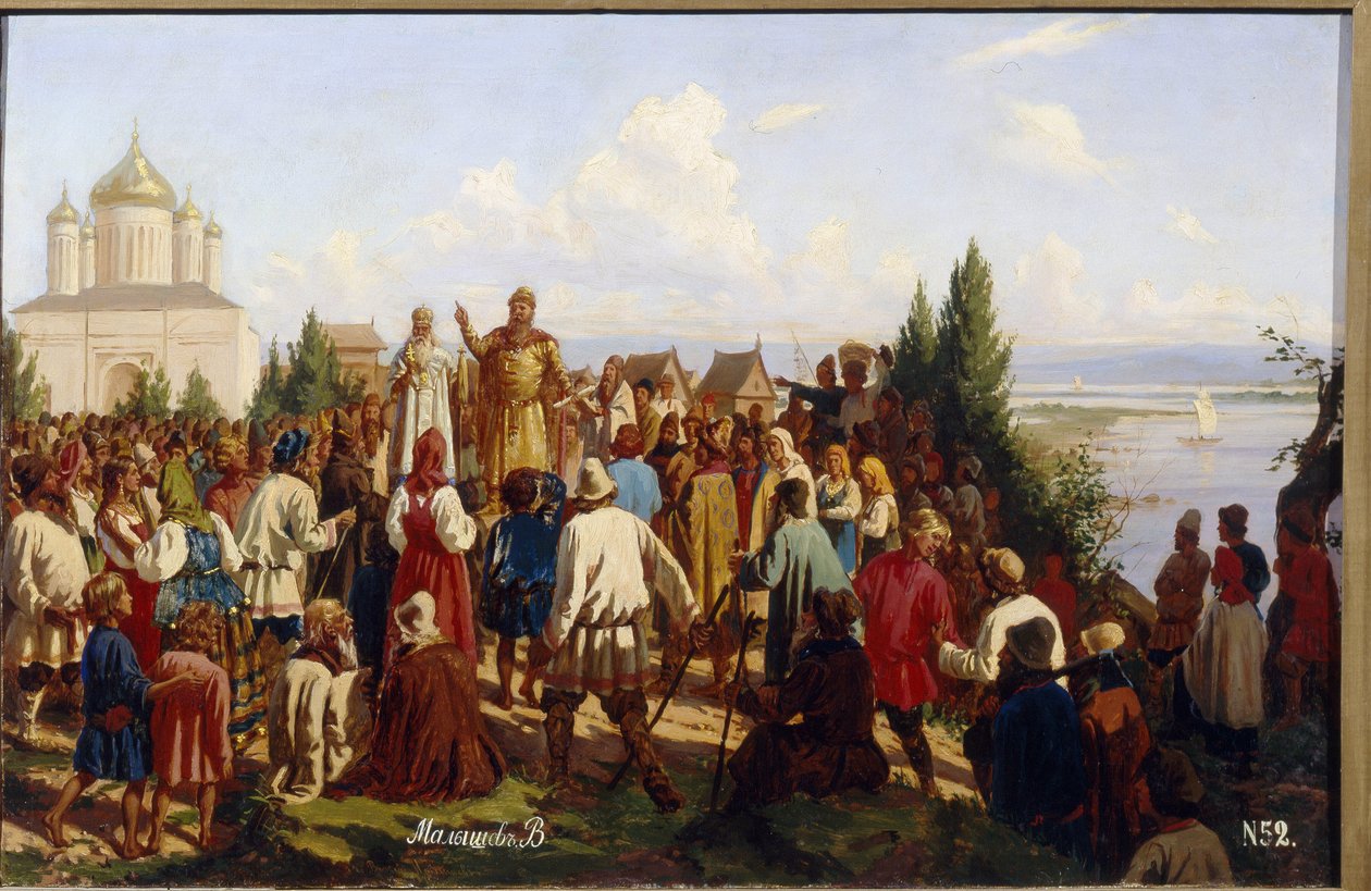 Wielki Książę Nowogrodu i Kijowa Jarosław I Władimirowicz, znany jako Mądry (978-1054), promulguje pierwszy kodeks prawny Russkaya Prawda w 1019. (Wielki Książę Jarosław I Mądry ogłasza Pierwszy Kodeks Praw Russkaya Prawda w 1019) . malowanie autorstwa Vasili Georgievich Malyschev