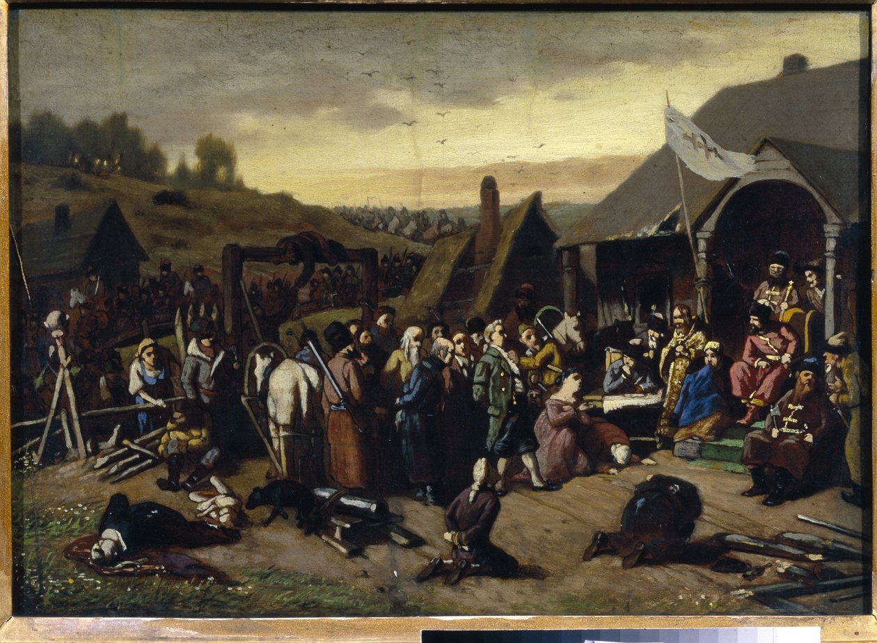 Wyrok Emeliana Iwanowicza Pugaczowa (Iemeliana lub Emiliena Pugaczowa) (1742-1775) (Wyrok Pugaczowa). Po stłumieniu rosyjskiej wojny chłopskiej (1773-1775) (Jackson z Kozaków Jaickich). Obraz Wasilija (Vasili) Grigoryevi autorstwa Vasili Grigorevich Perov