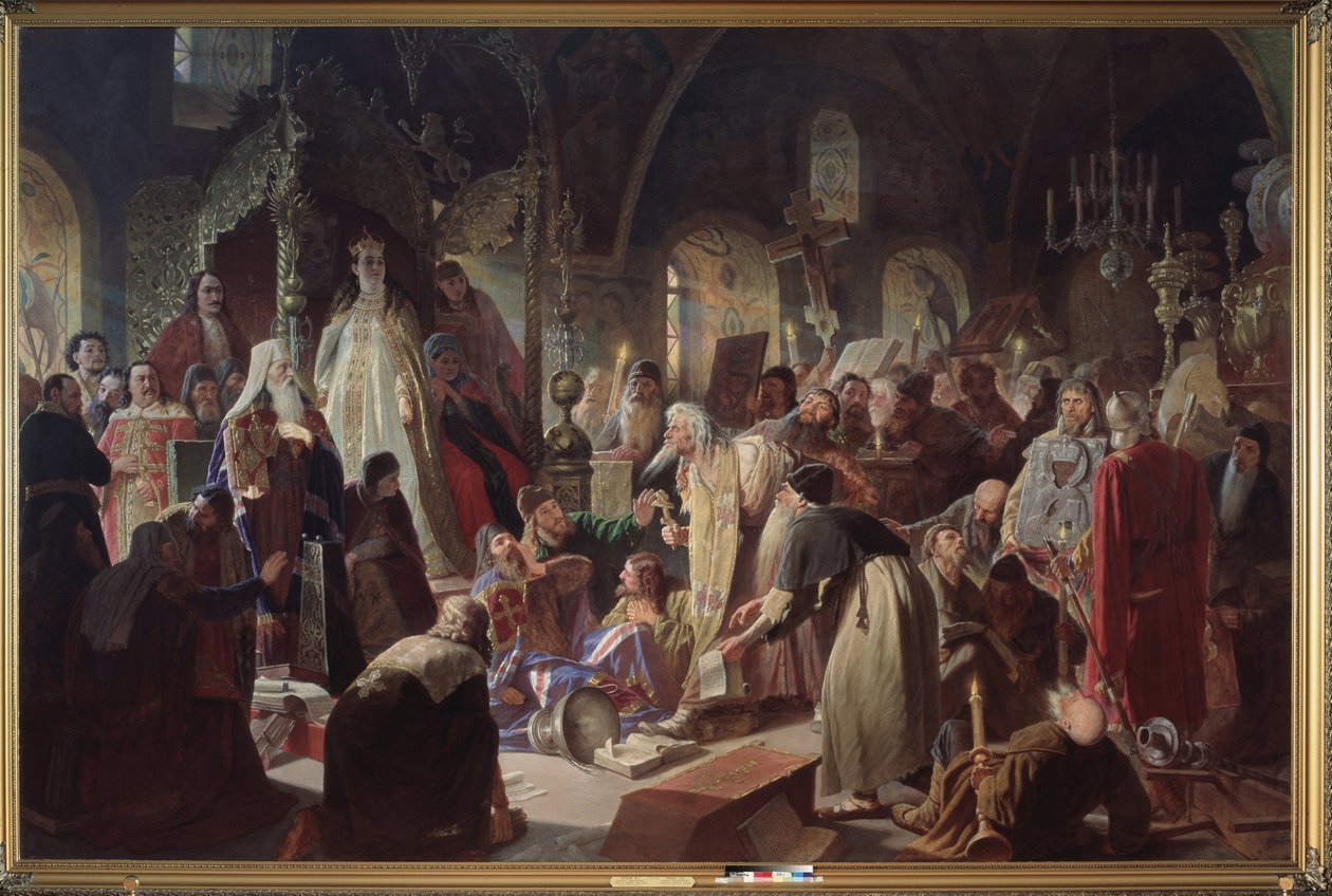 Papież staroobrzędowca Nikita Poustoswiat (lub Nikita Dimitriowicz Dobrynine, zm. 1683) debatujący z Patriarchą Moskwy Joachimem (1620-1690) w sprawie wiary w obecności regentki Zofii Aleksiejewny Romanowej ( 1657-1704 autorstwa Vasili Grigorevich Perov