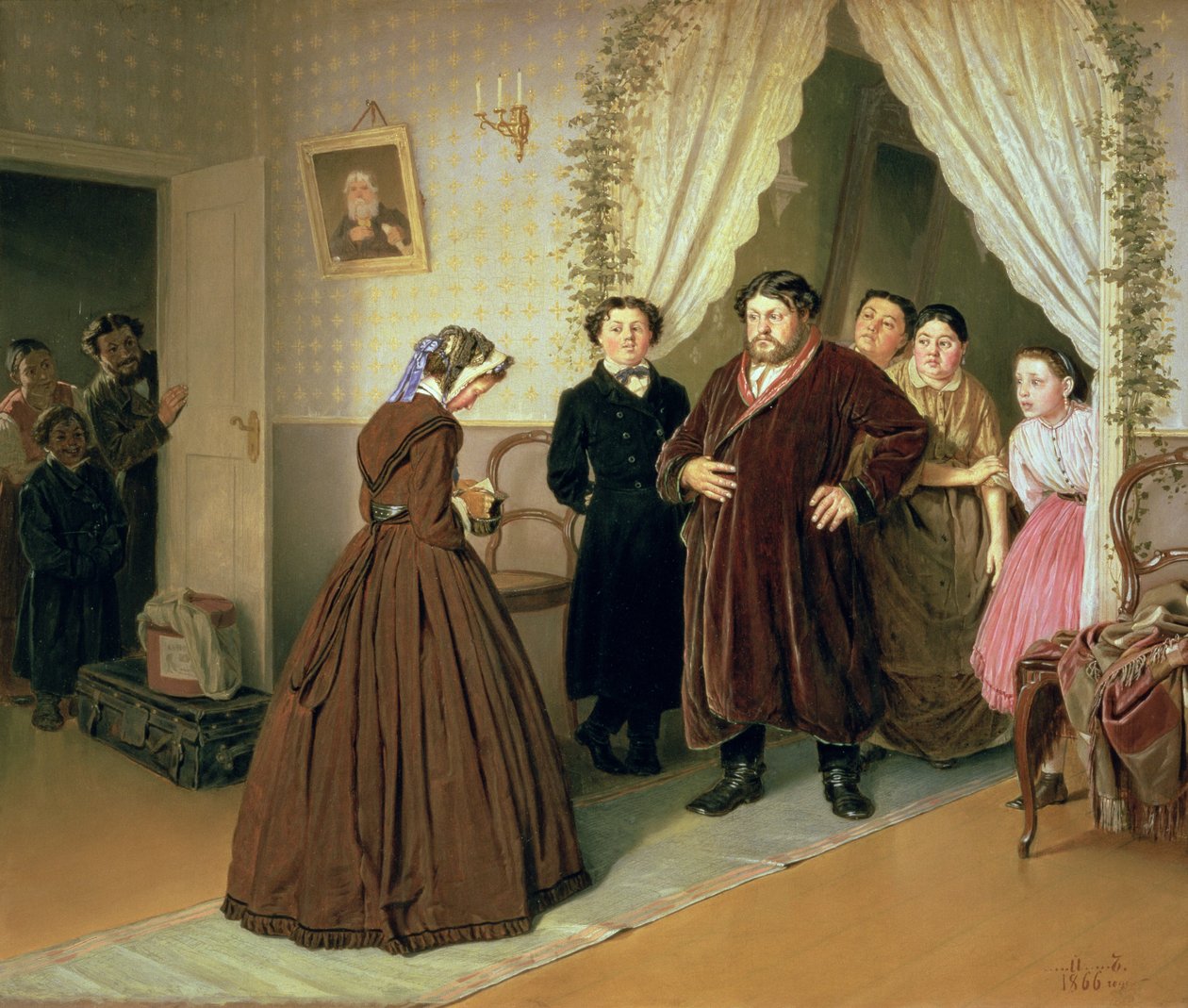 Guwernantka przybywająca do domu kupieckiego, 1866 autorstwa Vasili Grigorevich Perov