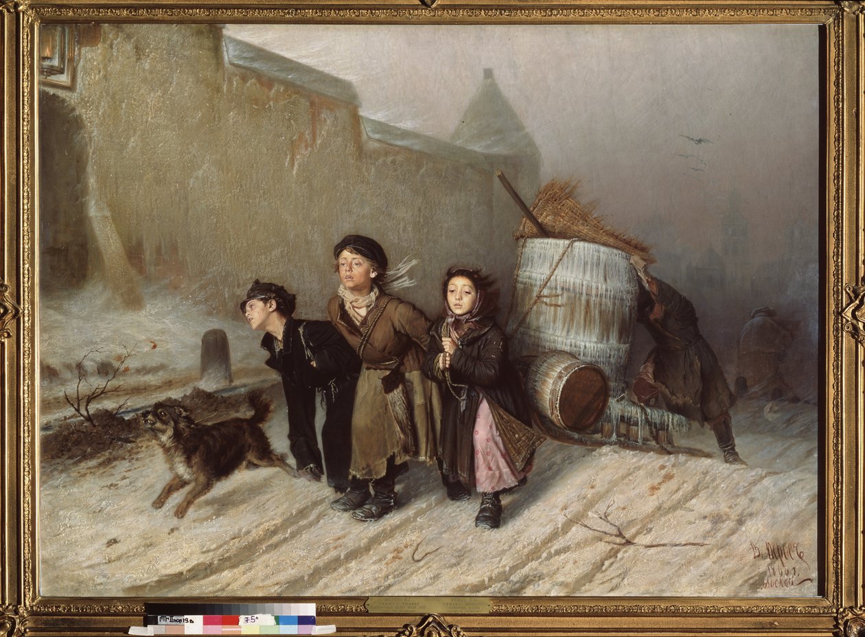 Trojka (sanie). Uczniowie przynoszą wodę. (Ulica w zimie). Obraz Wasilija (Vasili) Grigoryevich Perov (1834-1882), olej na płótnie autorstwa Vasili Grigorevich Perov