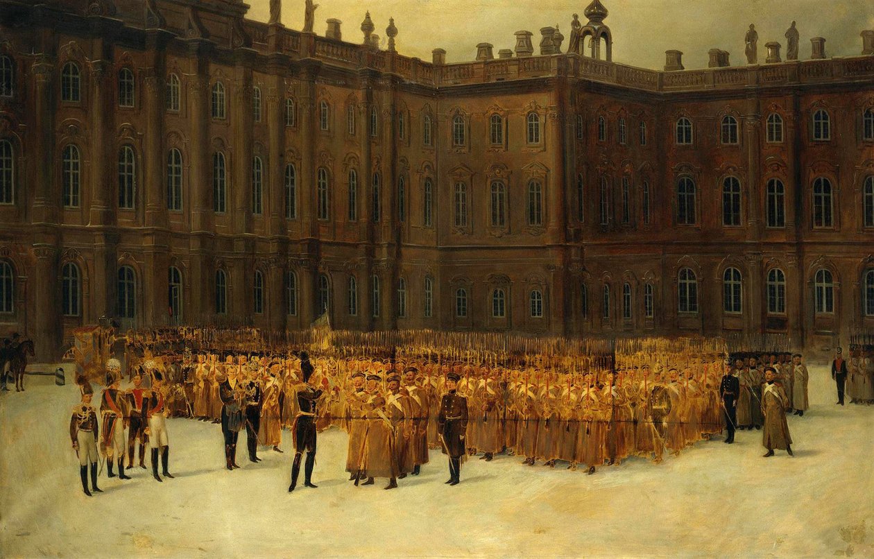insurrection decembriste ou Insurrection decabriste (1825) - Mikołaj I przed formacją jednostki batalionu inżynierów polowych ratowników na dziedzińcu Pałacu Zimowego w dniu 14 grudnia par. Maksutowa, Wasilij Nikołajewicz (1826-1886). olej na płótnie, rozm autorstwa Vasili Nikolayevich Maxutov