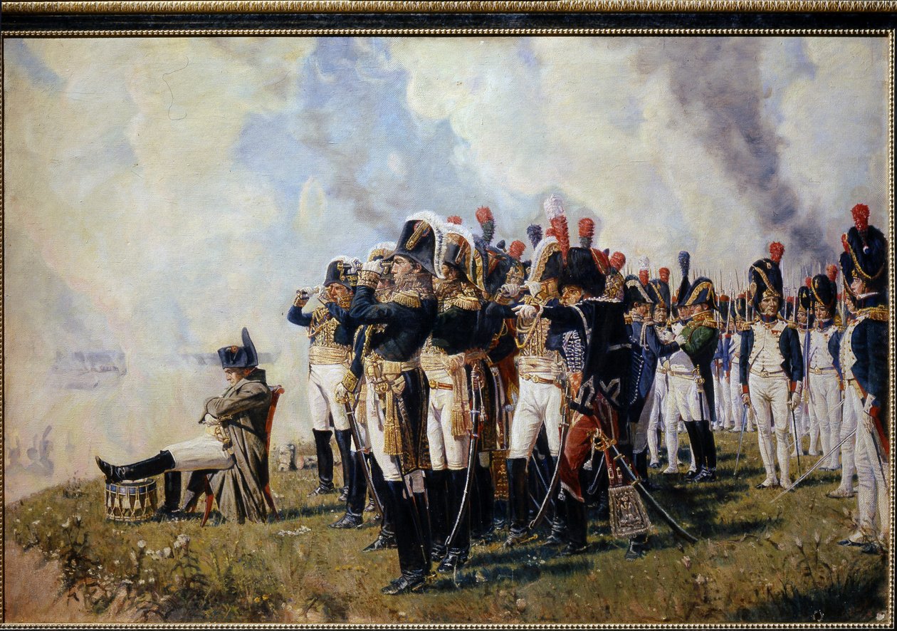Napoleon Bonaparte (1769-1821) na wzgórzach Borodino. (Napoleon na wysokościach Borodino). Bitwa pod Moskwą (lub bitwa pod Borodino, 7 września 1812 r., podczas kampanii rosyjskiej), Napoleon, siedzący ze skrzyżowanymi rękami, zamyślony, opisany przed ofic autorstwa Vasili Petrovich Vereschagin