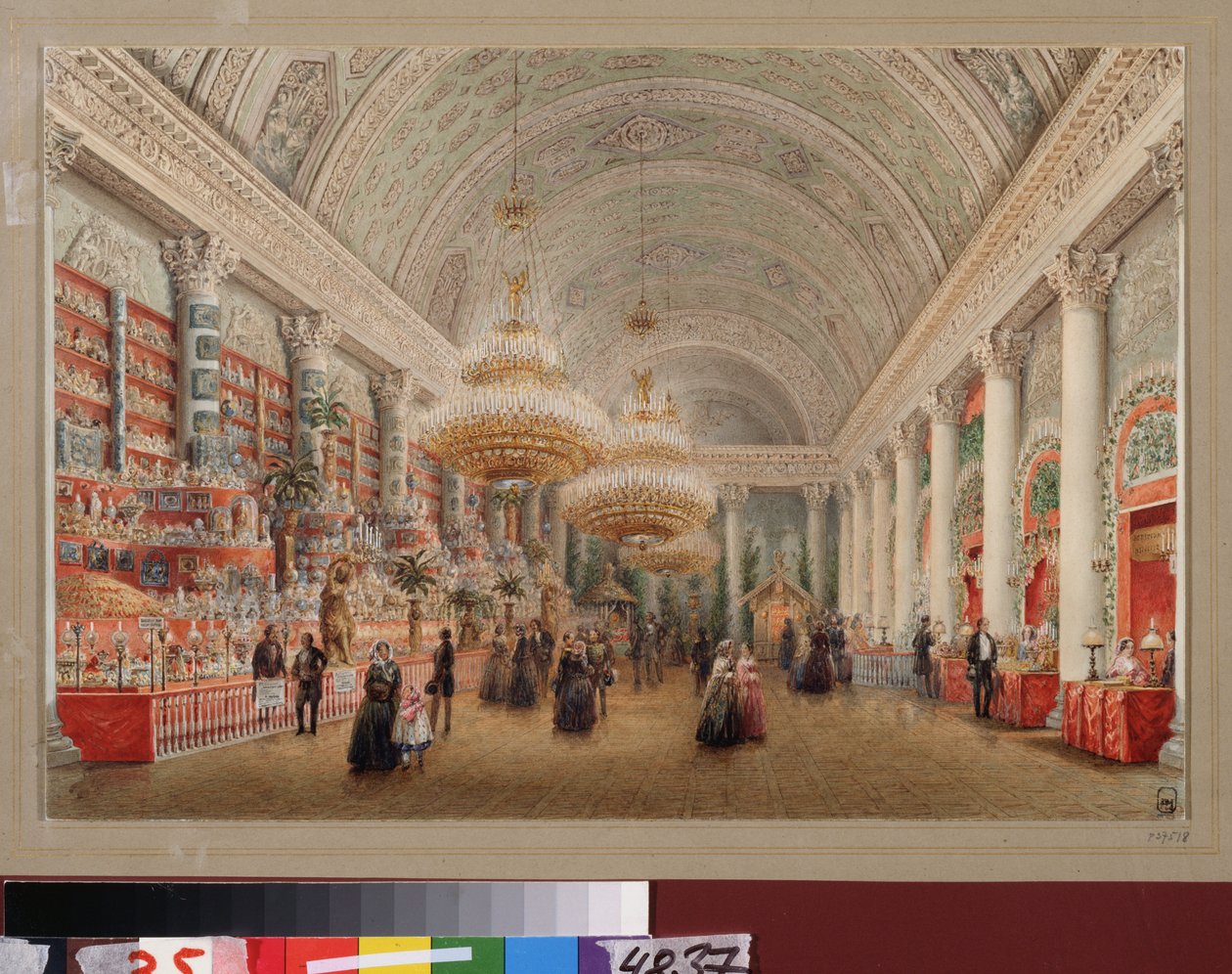 Bazar charytatywny w sali bankietowej Pałacu Jusupowa w Sankt Petersburgu. Praca Wasilija Siemionowicza Sadovnikova (1800-1879), akwarela na papierze. Sztuka rosyjska autorstwa Vasili Semenovich Sadovnikov