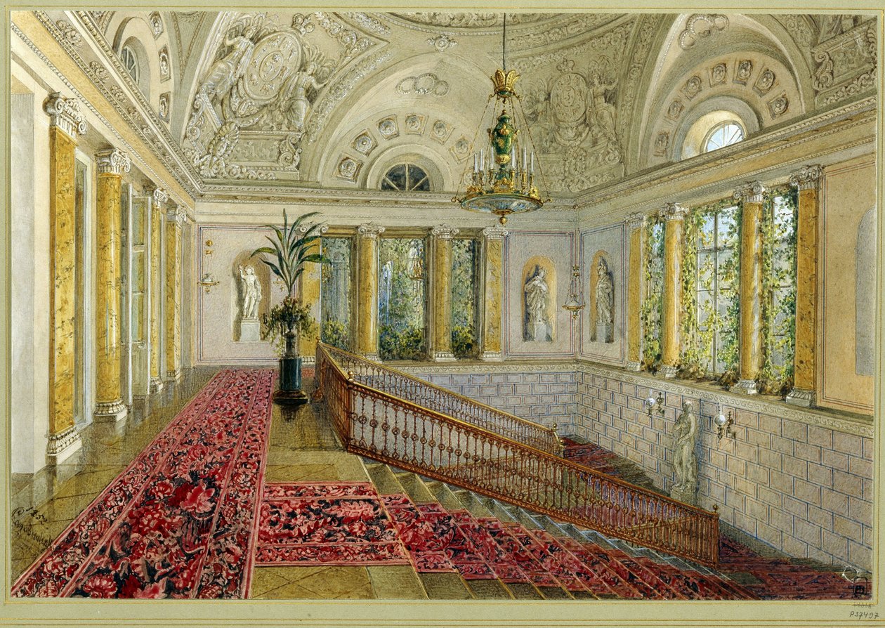 Schody w pałacu. Praca Wasilija Siemionowicza Sadovnikova (1800-1879), akwarela na papierze autorstwa Vasili Semenovich Sadovnikov