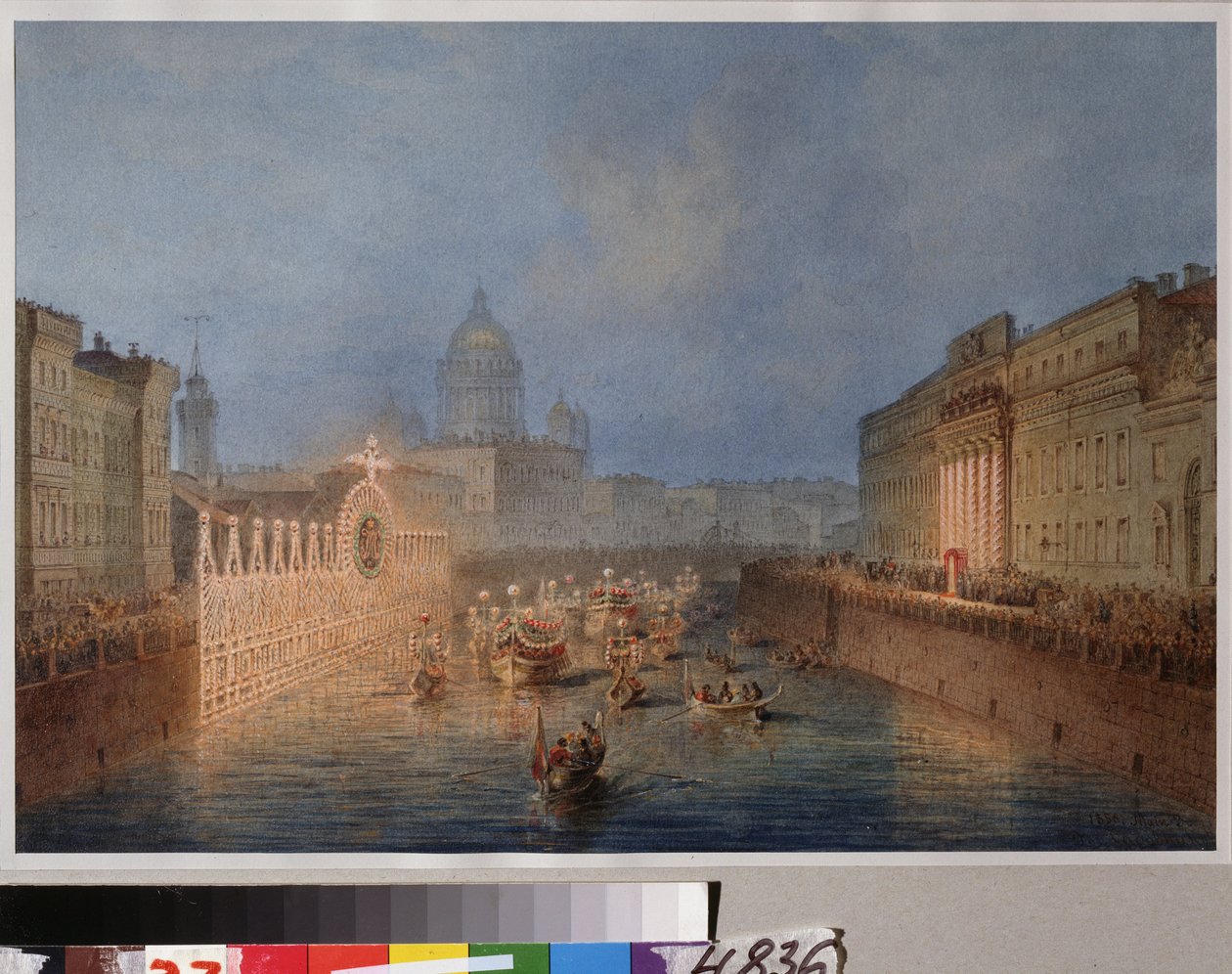 Iluminacja rzeki Moika w Sankt Petersburgu. Praca Wasilija Siemionowicza Sadovnikova (1800-1879), akwarela na papierze autorstwa Vasili Semenovich Sadovnikov