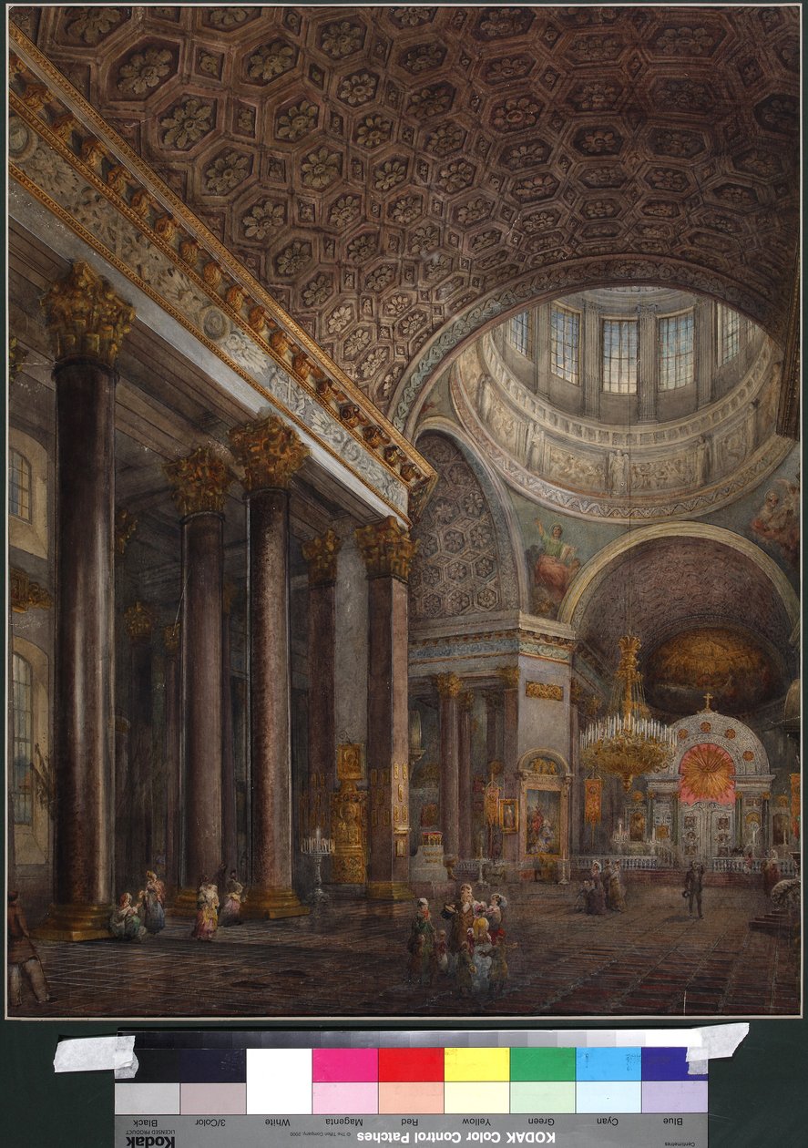 Widok wnętrza katedry kazańskiej w Petersburgu, autorstwa Sadovnikova, Wasilija Siemionowicza (1800-1879). Akwarela na papierze autorstwa Vasili Semenovich Sadovnikov