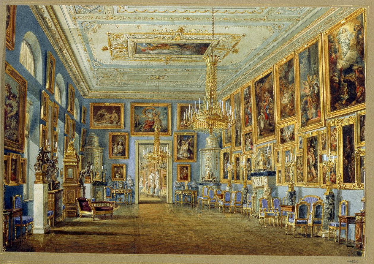Galeria Sztuki Pałacu Jusupowa (Pałac Moika) w Sankt Petersburgu. (Galeria Sztuki w Pałacu Jusupowa w Petersburgu). Praca Wasilija Siemionowicza Sadovnikova (1800-1879), akwarela na papierze. Sztuka rosyjska autorstwa Vasili Semenovich Sadovnikov