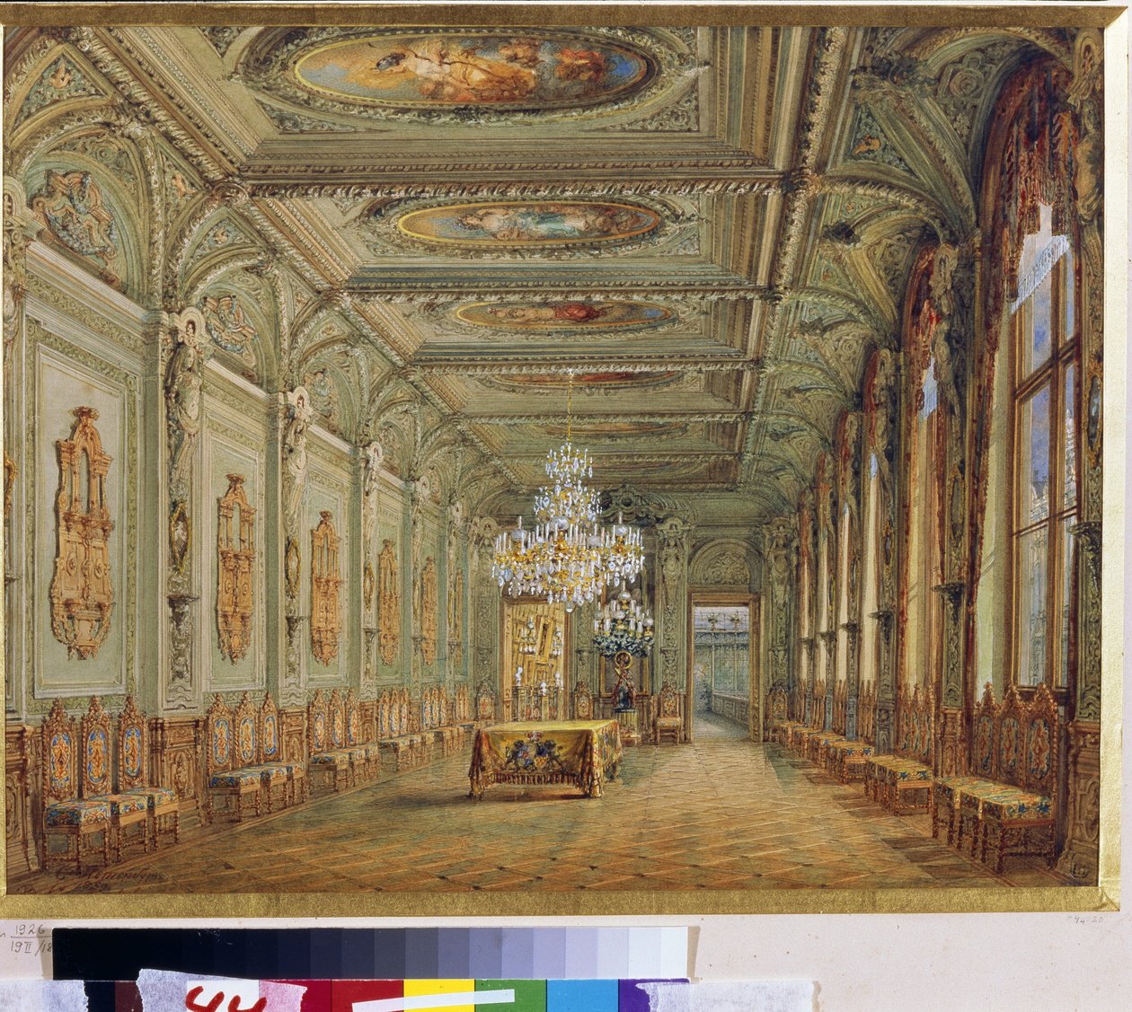 Główna jadalnia (Galeria Henryka II) Pałacu Jusupowa (Pałac Moika) w Petersburgu. (Główna Jadalnia (Galeria Henryka II) w Pałacu Jusupowa w Petersburgu). Grafika Wasilija Siemionowicza Sadovnikova (1800-1879), aqua autorstwa Vasili Semenovich Sadovnikov