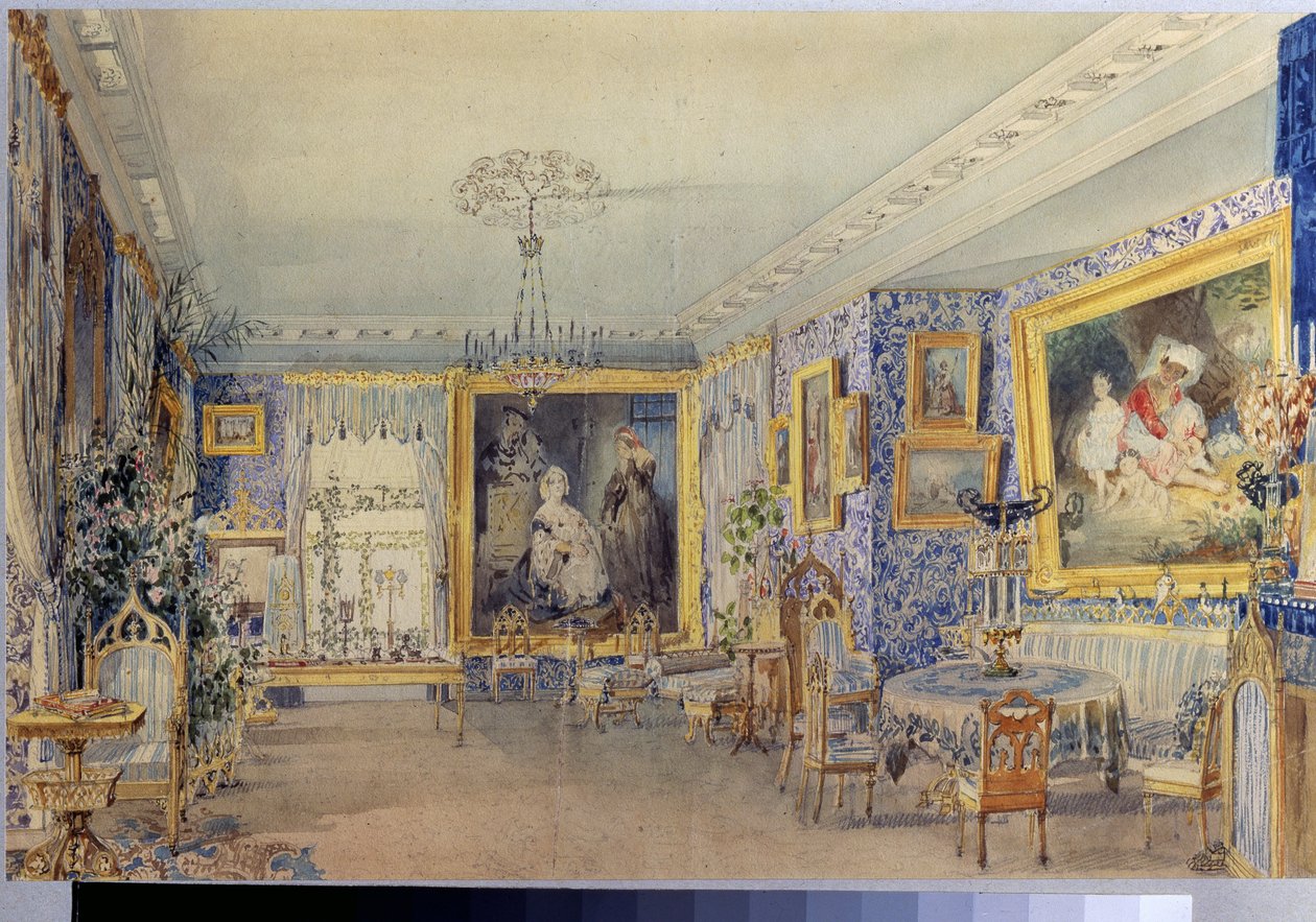 Salon w Dworku Verki. Praca Wasilija Siemionowicza Sadovnikova (1800-1879), akwarela na papierze autorstwa Vasili Semenovich Sadovnikov