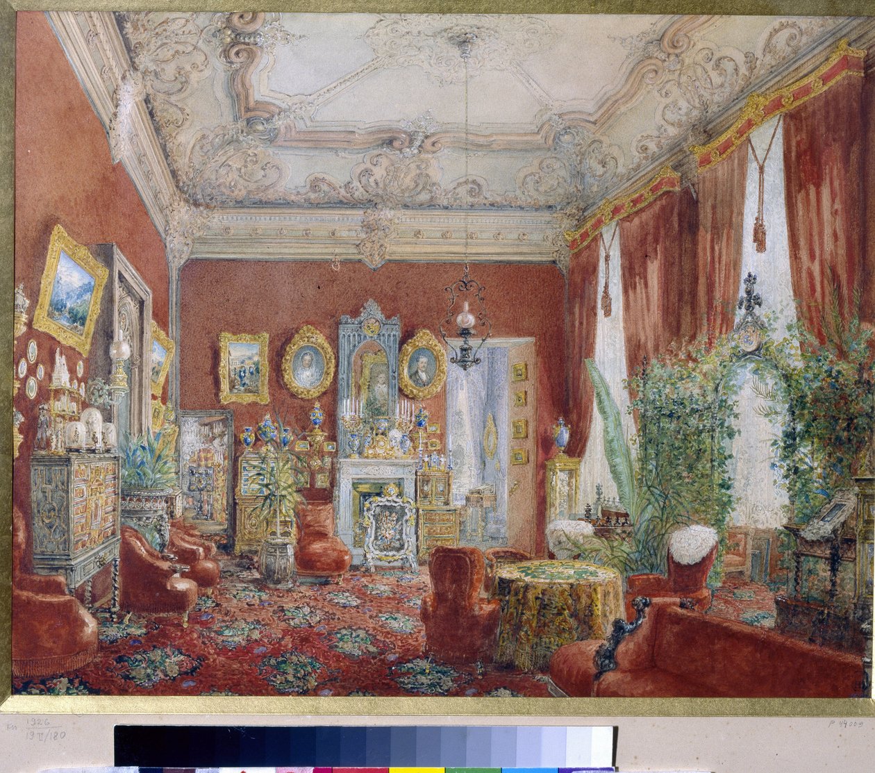 Rodzinny salon Pałacu Jusupowa (Pałac Moika) w Sankt Petersburgu. (Rodzinny Salon w Pałacu Jusupowa w Petersburgu). Praca Wasilija Siemionowicza Sadovnikova (1800-1879), akwarela na papierze. Sztuka rosyjska autorstwa Vasili Semenovich Sadovnikov