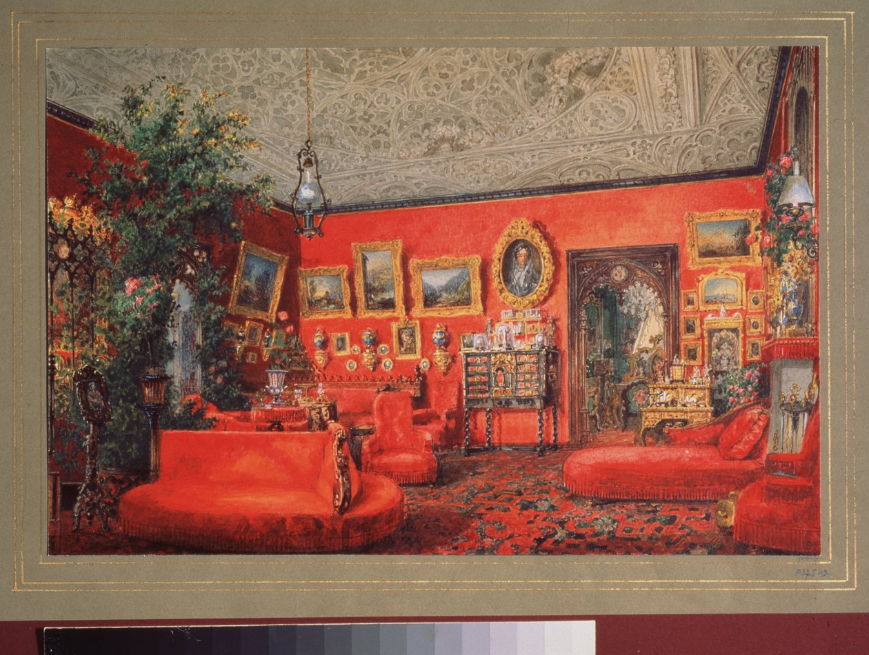 Czerwony Salon w Pałacu Jusupowa w Sankt Petersburgu. Praca Wasilija Siemionowicza Sadovnikova (1800-1879), akwarela na papierze. Sztuka rosyjska autorstwa Vasili Semenovich Sadovnikov