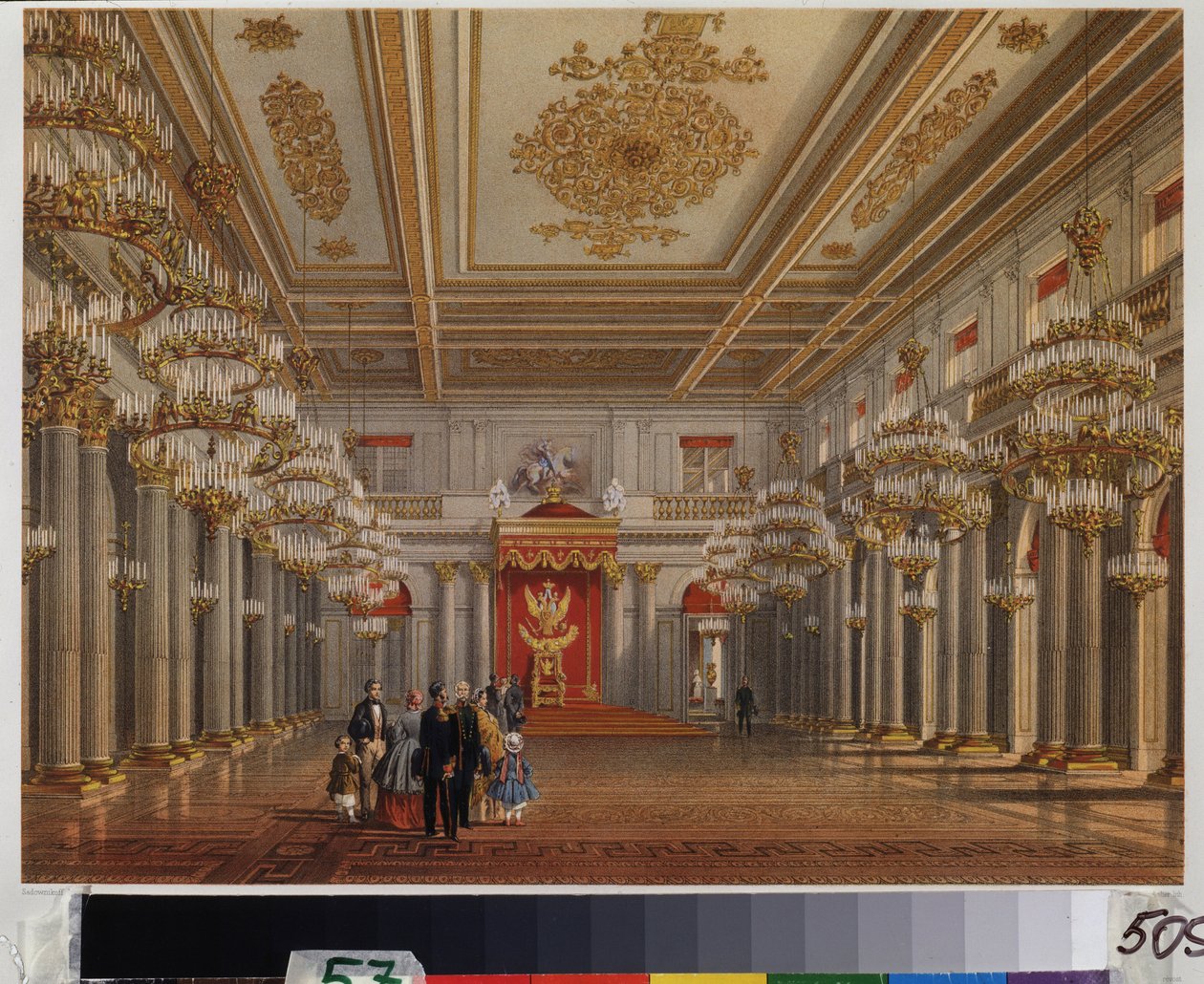 Sala tronowa (Sala św. Jerzego) Pałacu Zimowego w Sankt Petersburgu. Praca Wasilija Siemionowicza Sadovnikova (1800-1879), akwarela na papierze. XIX-wieczna sztuka rosyjska. Muzeum Pamięci A. Puszkina, Sankt Petersburg. autorstwa Vasili Semenovich Sadovnikov