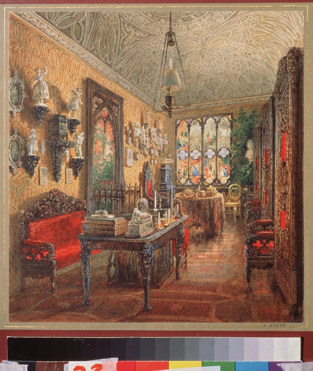 Biuro w Pałacu Jusupowa (Pałac Moika) w Sankt Petersburgu. Praca Wasilija Siemionowicza Sadovnikova (1800-1879), akwarela na papierze, sztuka rosyjska autorstwa Vasili Semenovich Sadovnikov