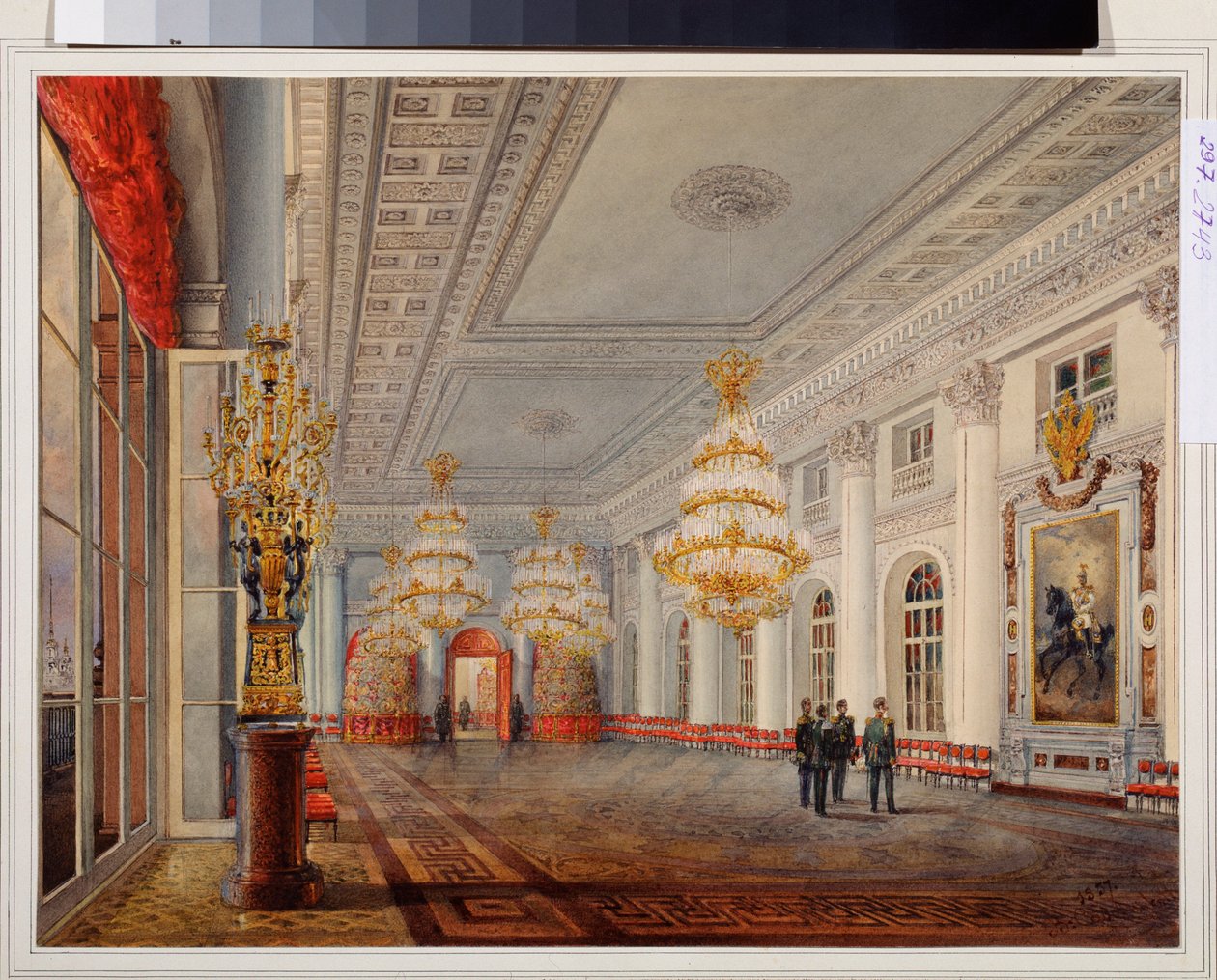 Wielka Sala (lub Nicolas Hall) Pałacu Zimowego w Sankt Petersburgu. Praca Wasilija Siemionowicza Sadovnikova (1800-1879), akwarela na papierze autorstwa Vasili Semenovich Sadovnikov