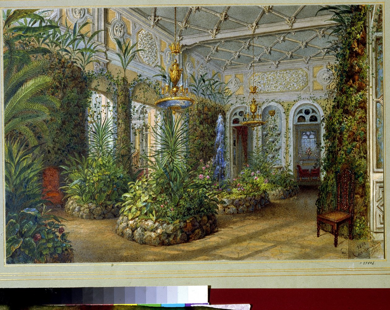 Ogród Zimowy Pałacu Jusupowa (Pałac Moika) w Sankt Petersburgu (Ogród Zimowy Pałacu Jusupowa w Petersburgu). Praca Wasilija Siemionowicza Sadovnikova (1800-1879), akwarela na papierze autorstwa Vasili Semenovich Sadovnikov