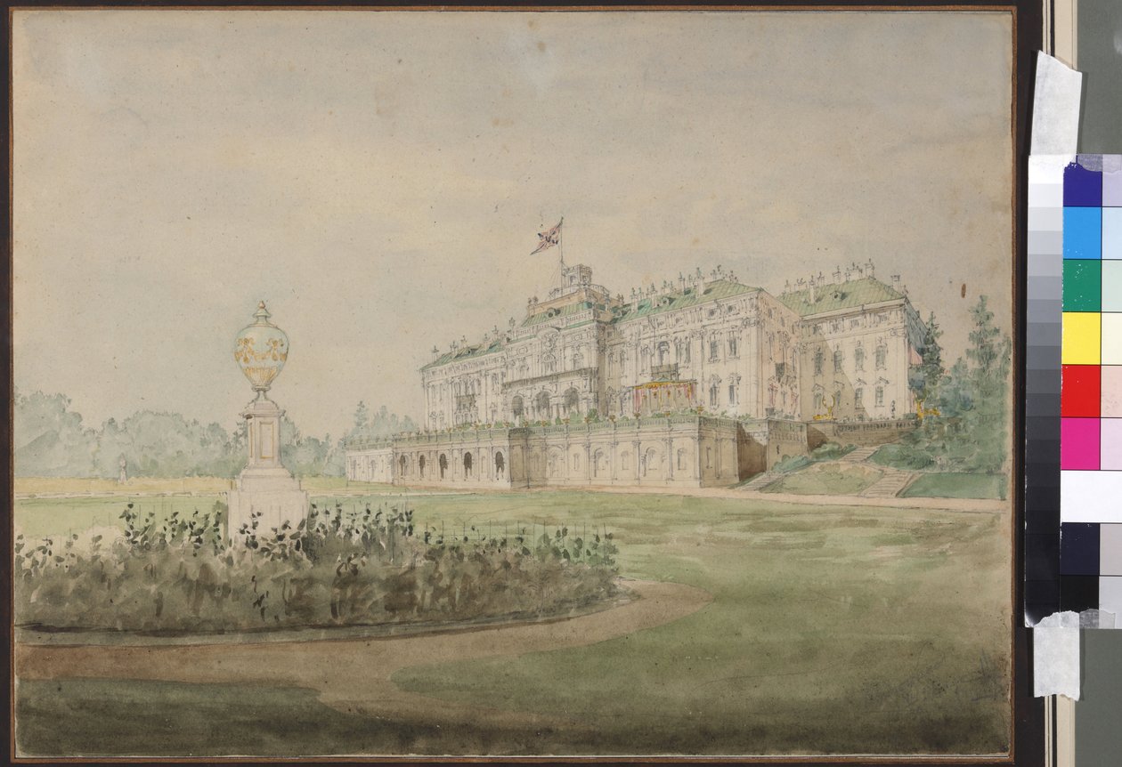 Le palais Constantin a Strelna, pres de Saint Petersbourg - Widok pałacu Konstantyna w Strelna koło Petersburga, autorstwa Sadovnikova, Wasilija Siemionowicza (1800-1879). Akwarela na papierze autorstwa Vasili Semenovich Sadovnikov