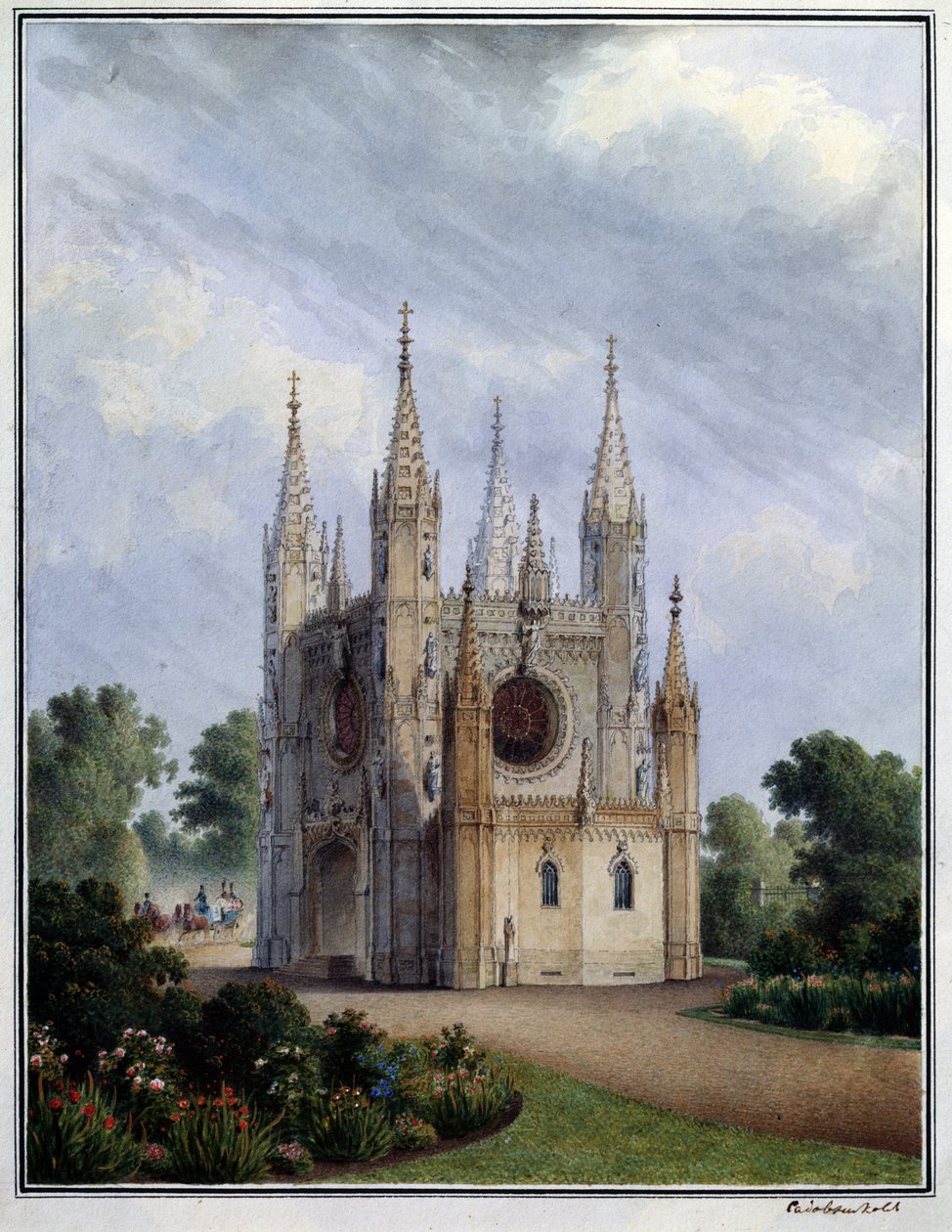 Gotycki kościół Peterhof (Rosja). Praca Wasilija Siemionowicza Sadovnikova (1800-1879), akwarela na papierze, w latach 1830-1840. Sztuka rosyjska autorstwa Vasili Semenovich Sadovnikov