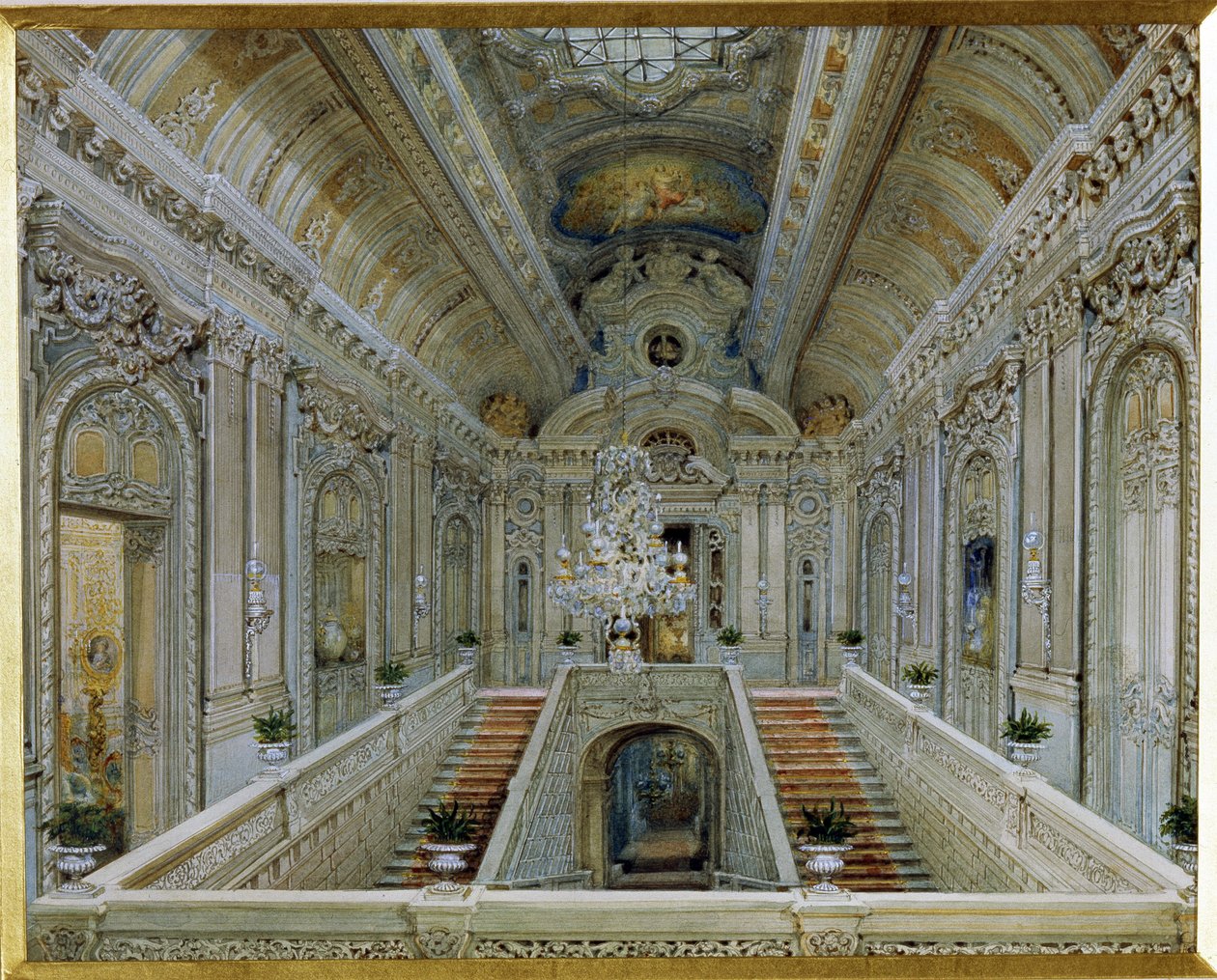 Główne schody Pałacu Jusupowa (Pałac Moika) w Sankt Petersburgu. (Główna klatka schodowa w Pałacu Jusupowa w Petersburgu). Praca Wasilija Siemionowicza Sadovnikova (1800-1879), akwarela na papierze. Sztuka rosyjska autorstwa Vasili Semenovich Sadovnikov