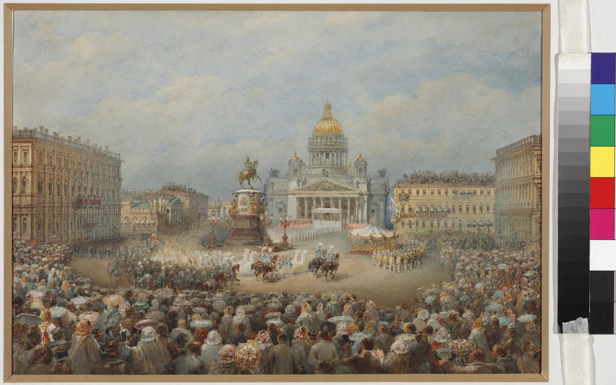 Ceremonia otwarcia pomnika Mikołaja I na Placu Maryjskim - Wasilij Siemionowicz Sadownikow (1800-1879). Akwarela i biały kolor na papierze autorstwa Vasili Semenovich Sadovnikov