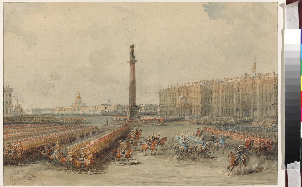 Parada Pułku Koni Ratowników na Placu Pałacowym - Wasilij Siemionowicz Sadownikow (1800-1879). Akwarela i biały kolor na papierze autorstwa Vasili Semenovich Sadovnikov