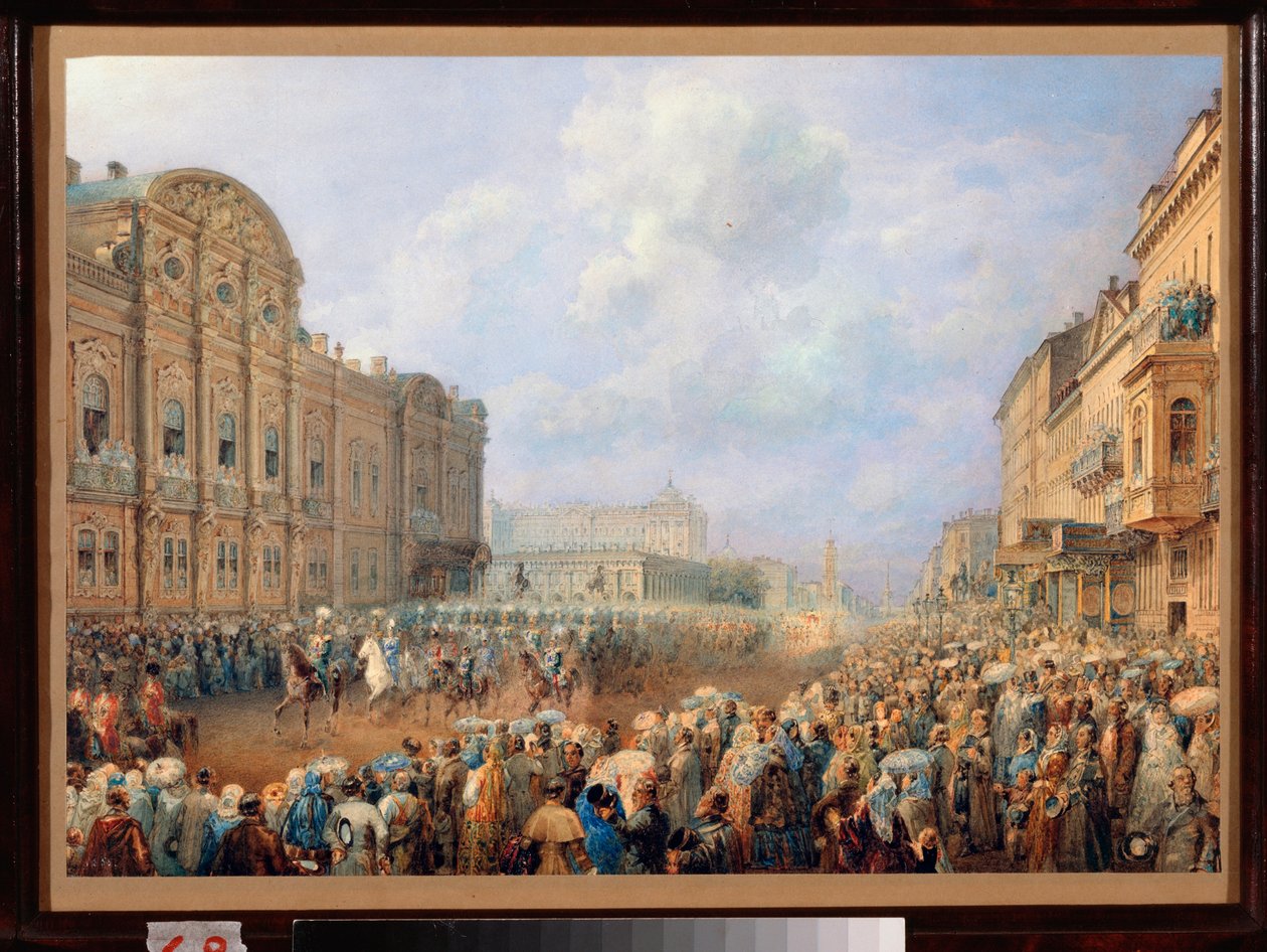 Parada na Newa Avenue (Nevsky Prospect) w Beloselsky Palace Belozersky. (Petersburg). Praca Wasilija Siemionowicza Sadovnikova (1800-1879), akwarela na papierze autorstwa Vasili Semenovich Sadovnikov
