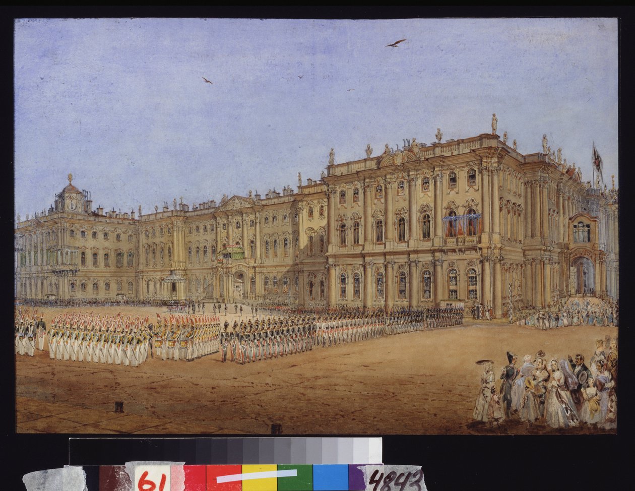 Przegląd Wojskowy w Pałacu Zimowym w Petersburgu. Praca Wasilija Siemionowicza Sadownikowa (1800-1879), akwarela na papierze, ok. 1840 r. Sztuka rosyjska autorstwa Vasili Semenovich Sadovnikov