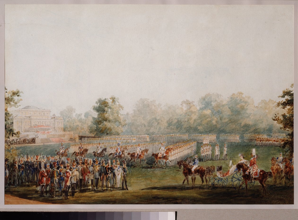 Parada wojskowa na łące pałacu Elagina w Sankt Petersburgu. (Parada Gwardii Cesarskiej). Praca Wasilija Siemionowicza Sadovnikova (1800-1879), akwarela na papierze autorstwa Vasili Semenovich Sadovnikov