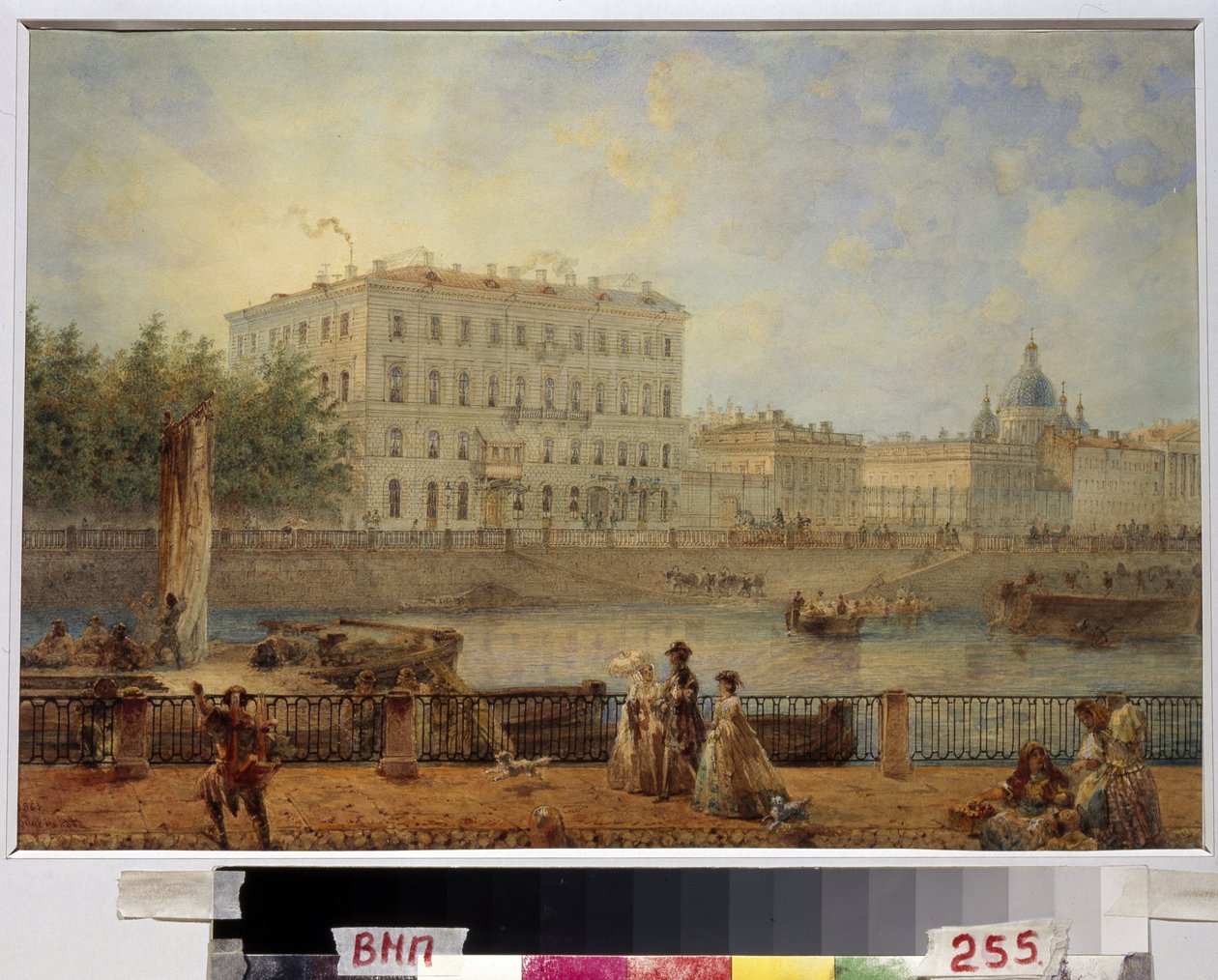 Św. PETERSBURG. Widok na Fontankę i dom Derzhavina. (Sankt Petersburg. Widok na rzekę Fontankę i Dom Derzhavina). Praca Wasilija Siemionowicza Sadovnikova (1800-1879), akwarela na papierze autorstwa Vasili Semenovich Sadovnikov