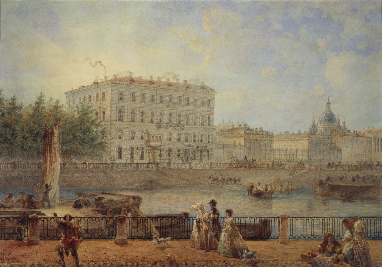 Sankt Petersburg. Widok na rzekę Fontankę i Dom Derzhavina, 1861 autorstwa Vasili Semenovich Sadovnikov
