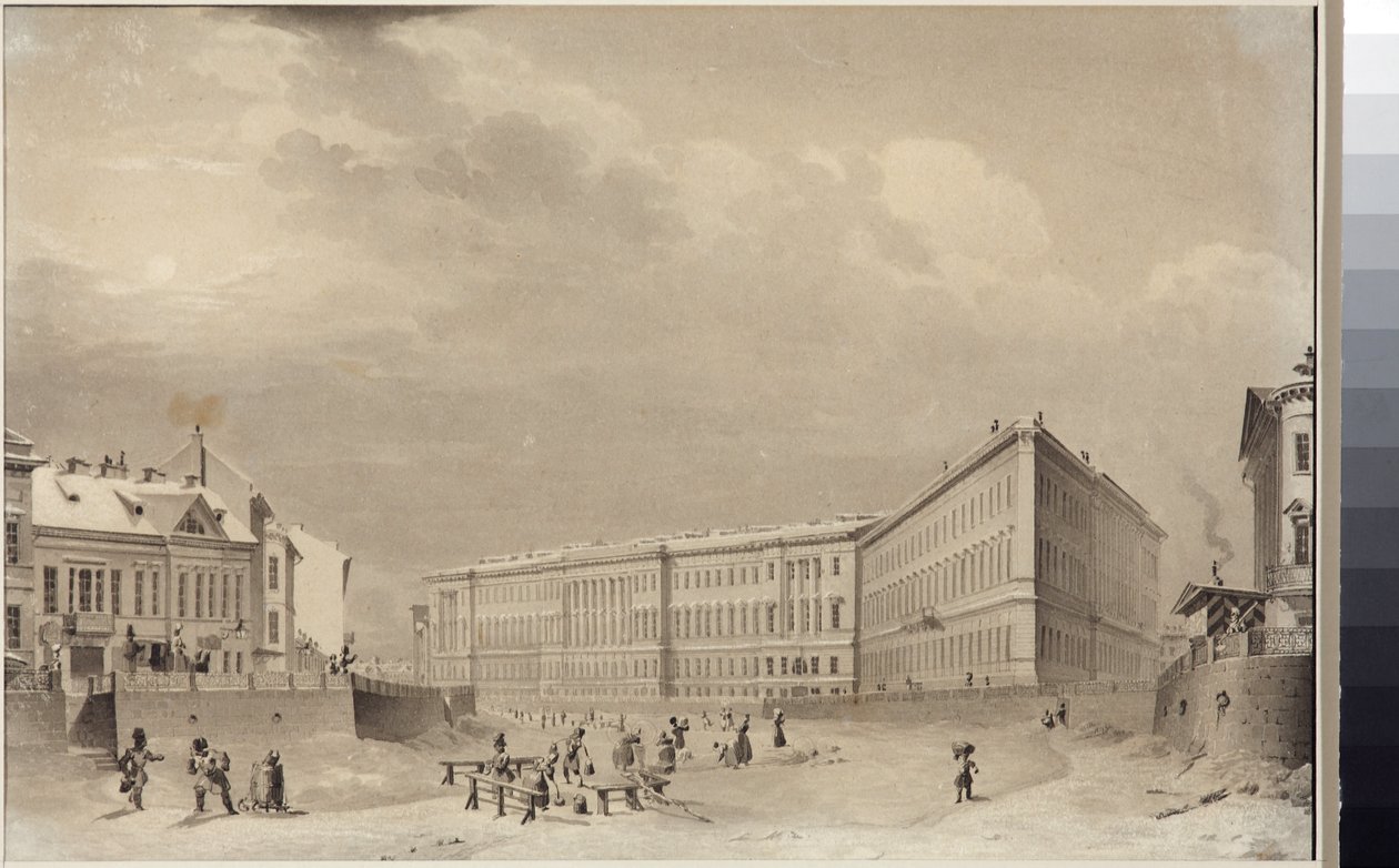 Petersburg. Budynek Sztabu Generalnego na nabrzeżu rzeki Mojki, autorstwa Sadovnikova, Wasilija Siemionowicza (1800-1879). Akwarela na papierze, przed 1833 r. Państwowe Muzeum Historii Sankt Petersburga autorstwa Vasili Semenovich Sadovnikov