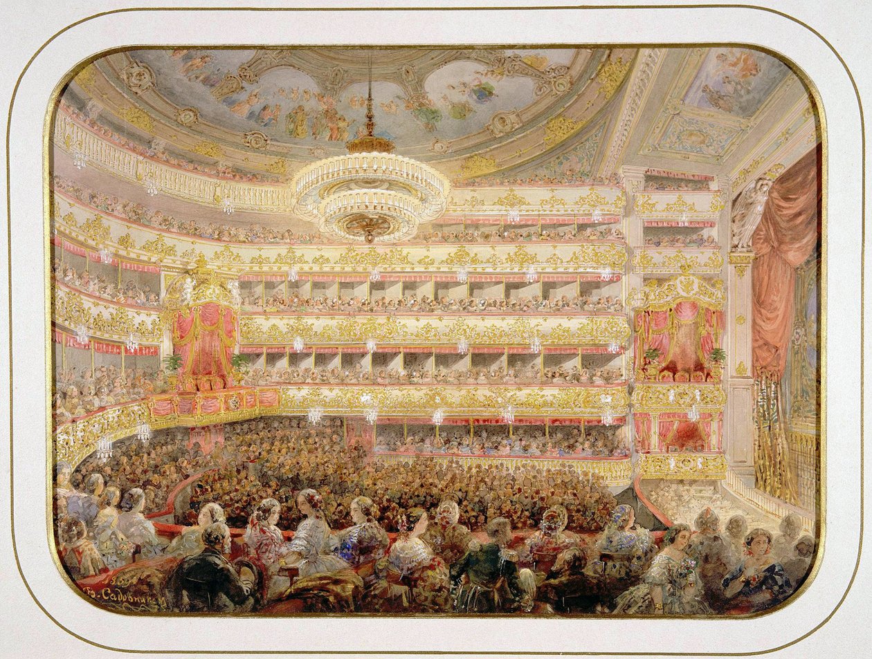 Audytorium Petersburskiego Cesarskiego Teatru Bolszoj Kamenny par Sadovnikov, Wasilij Siemionowicz (1800-1879). Akwarela, Gwasz na papierze, format : 35x26 autorstwa Vasili Semenovich Sadovnikov
